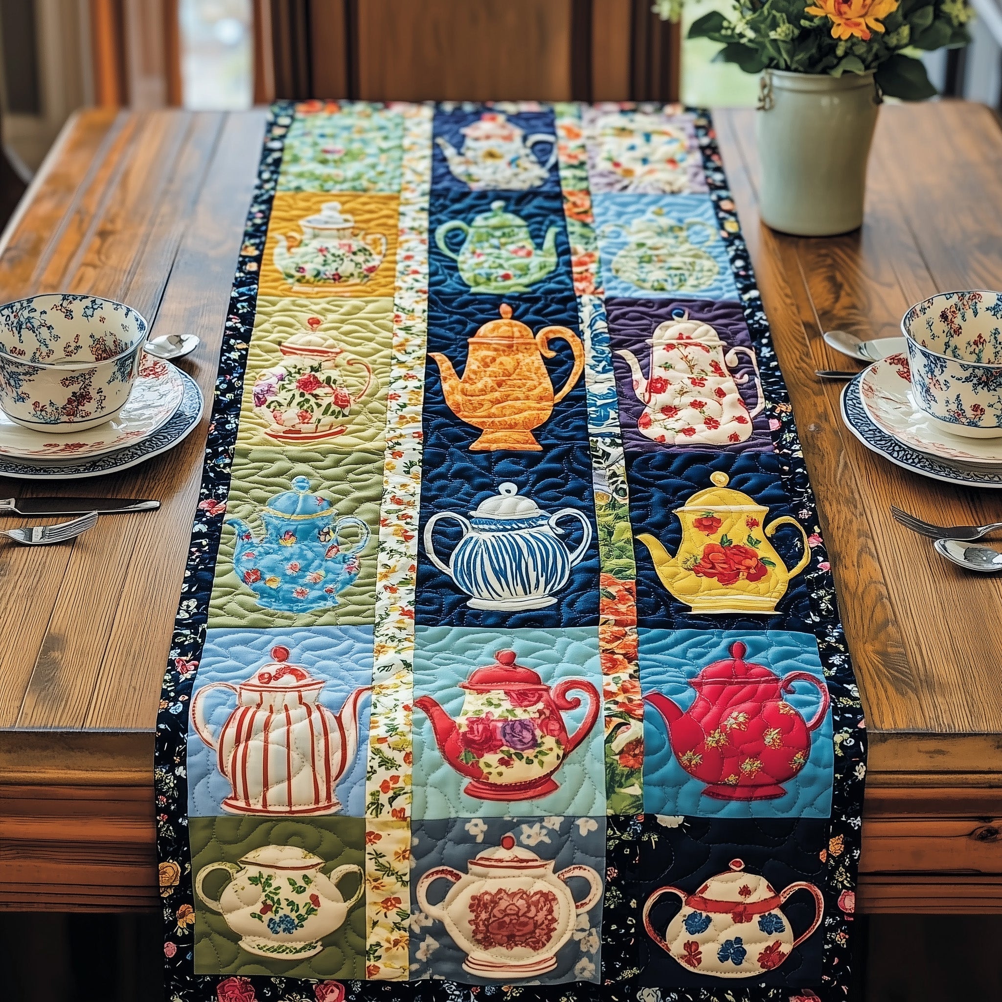 A Symphony of Teapots Quilted Table Runner Dining Table Decor Cool Gifts For Tea Lovers