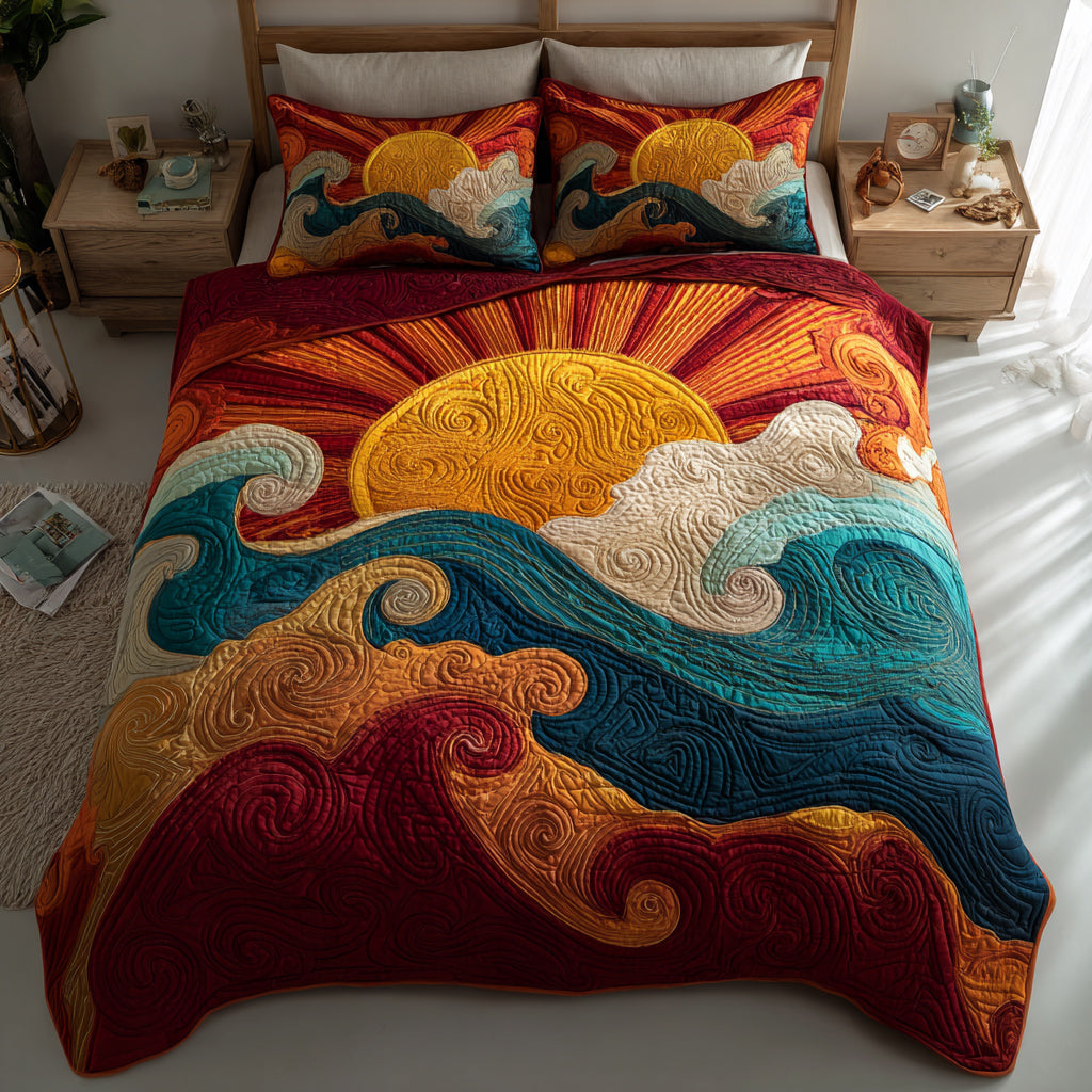 Abstract Sun Waves Quilted Bedding Set Bed Decor Best Father's Day Gifts