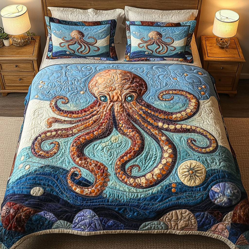 Abyss Elegance Quilted Bedding Set Best Bedding Sets Gifts For Octopus Lovers