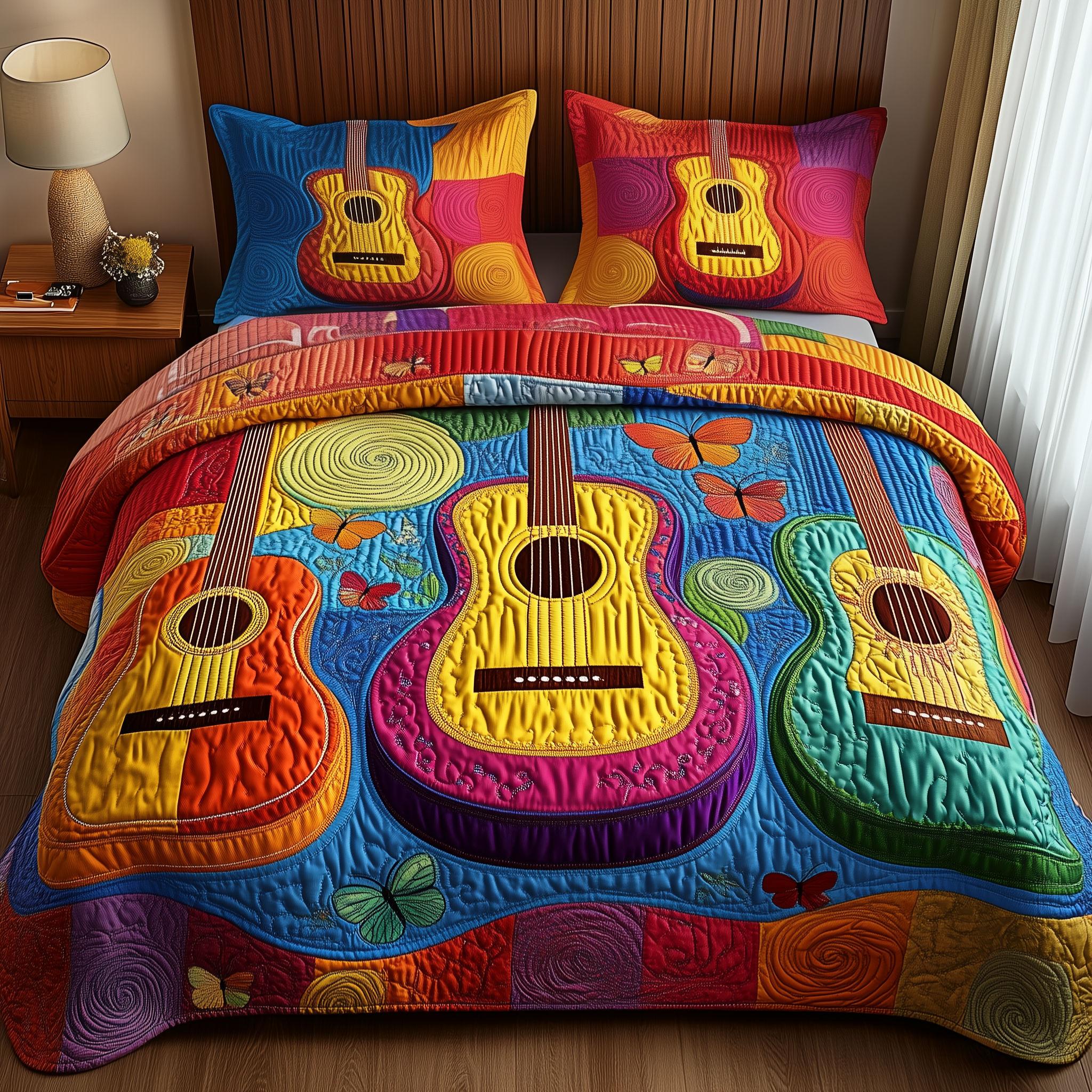 Acoustic Guitar Quilted Bedding Set Cover Bed Set Best Gifts For Guitar Lovers