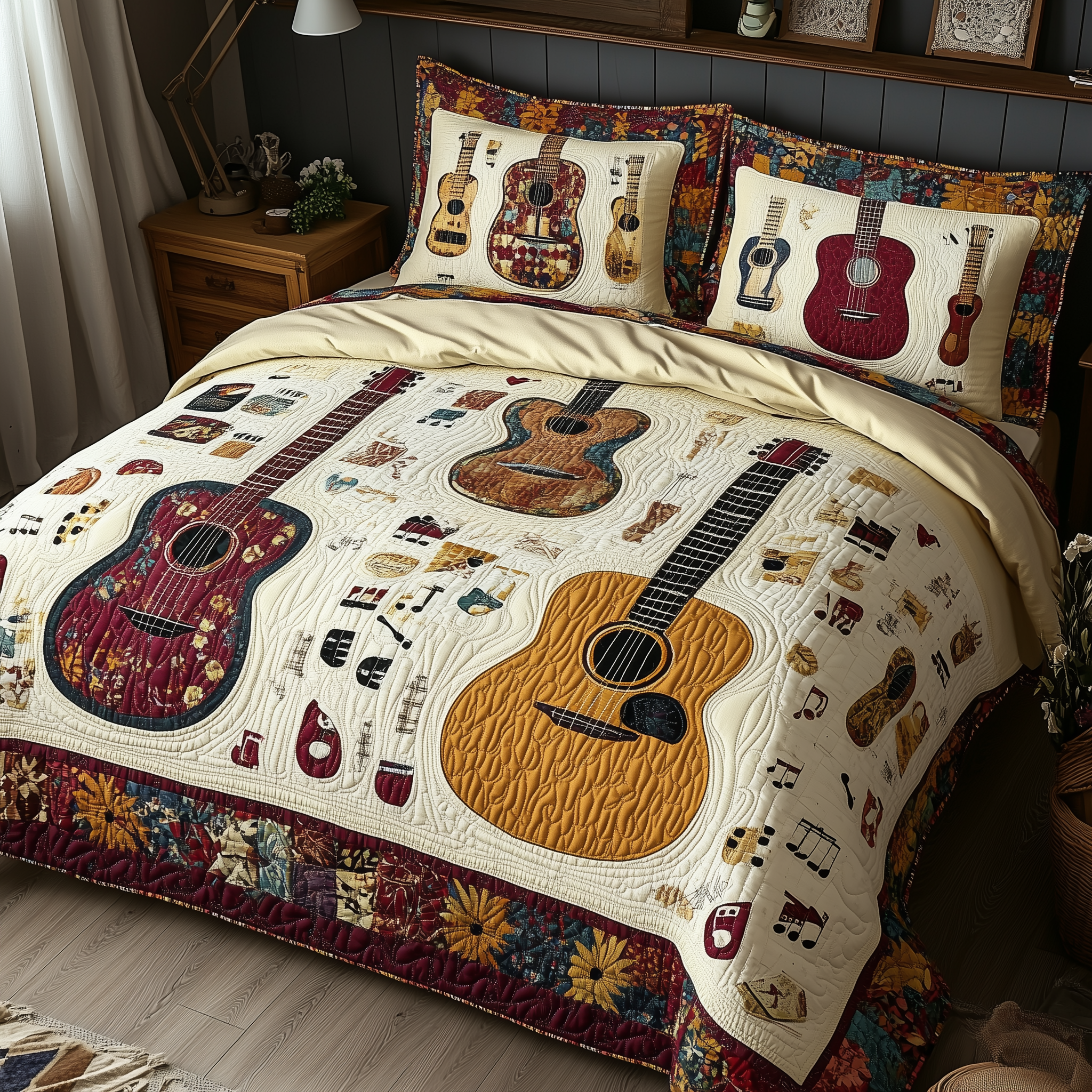 Acoustic Guitar Quilted Bedding Set Unique Sheet Sets Gifts For Electric Guitar Players