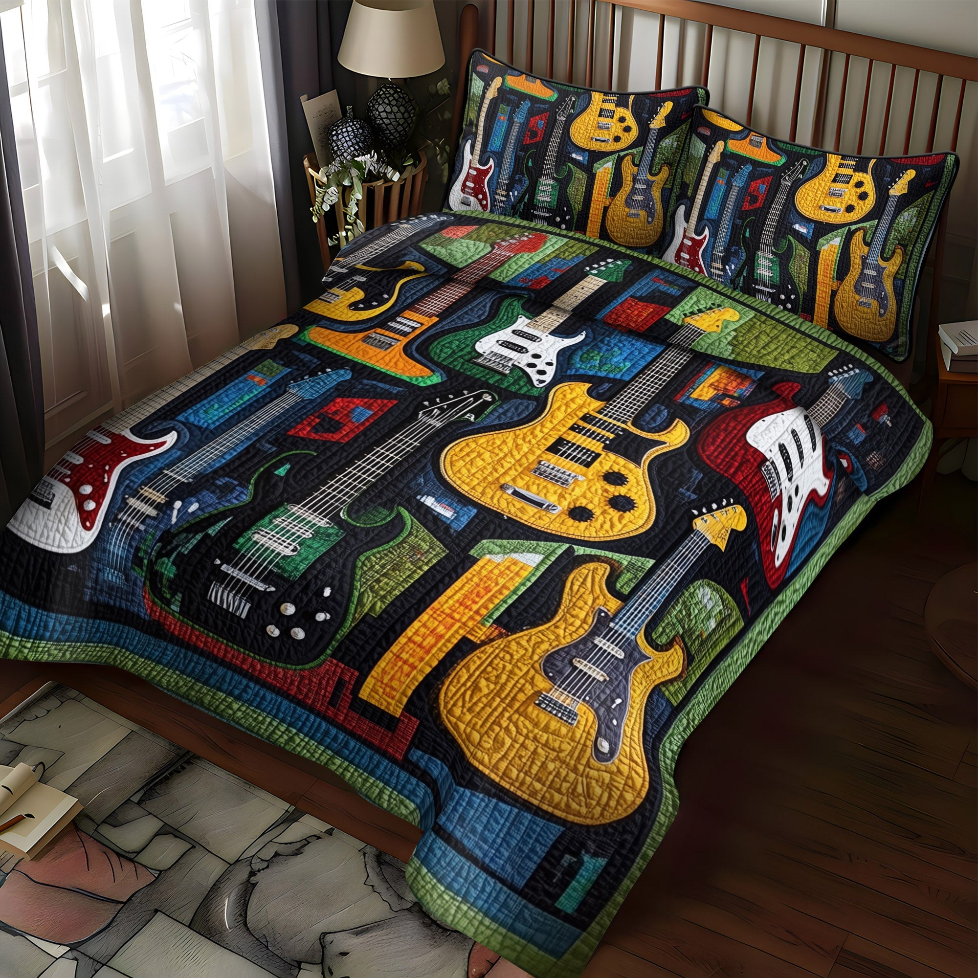 Acoustic Vibes Quilted Bedding Set Unique Bed Sheets Guitar Items For Lovers