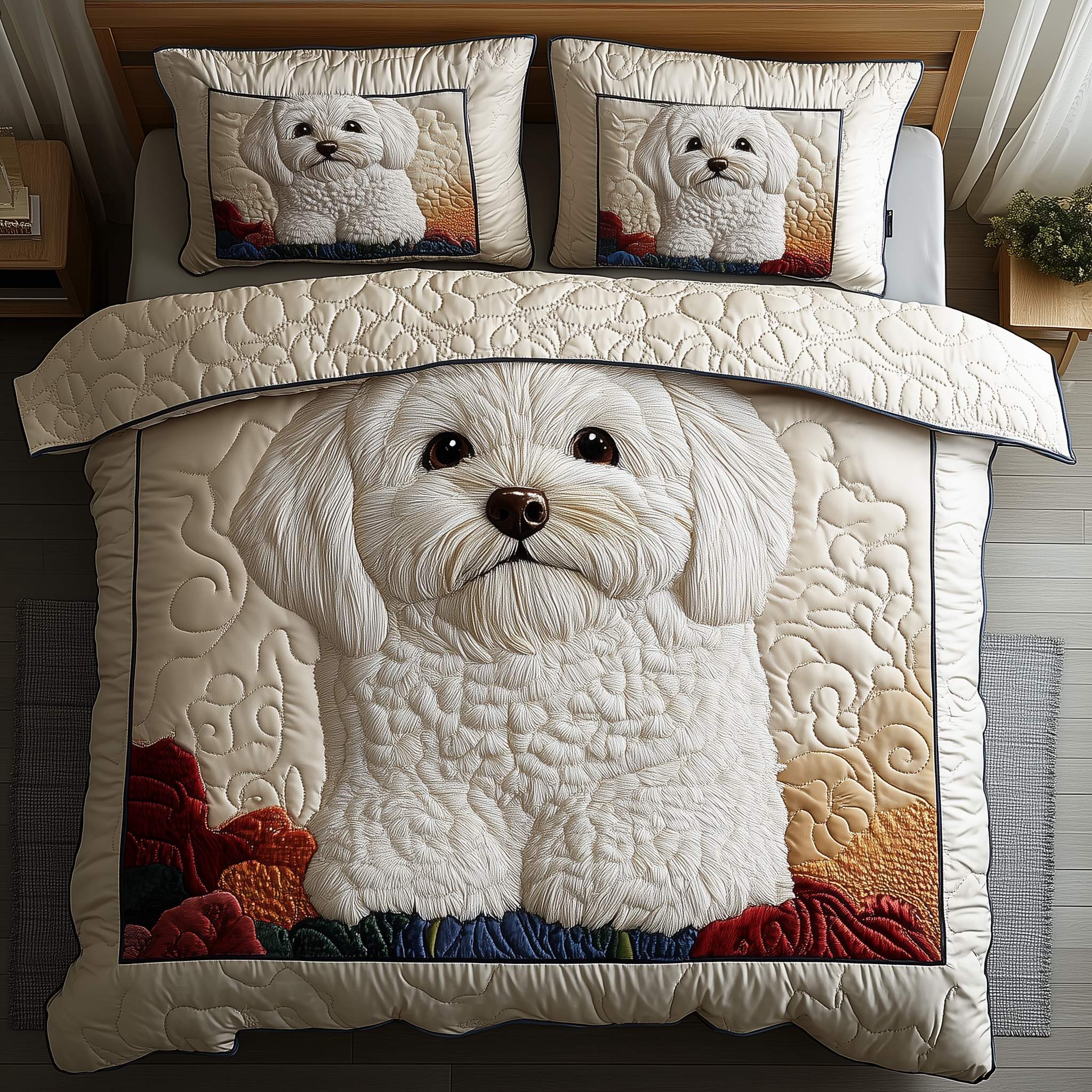 Adorable Bichon Frise Quilted Bedding Set Bedspread Quilts Bichon Merchandise