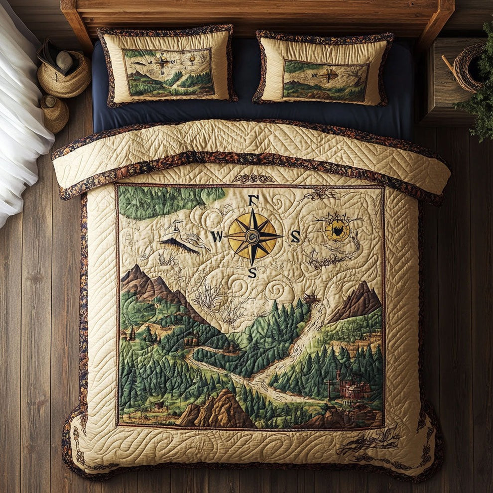 Adventure Map Quilted Bedding Set Rustic Bedroom Decor Unique Gifts For Outdoor Lovers