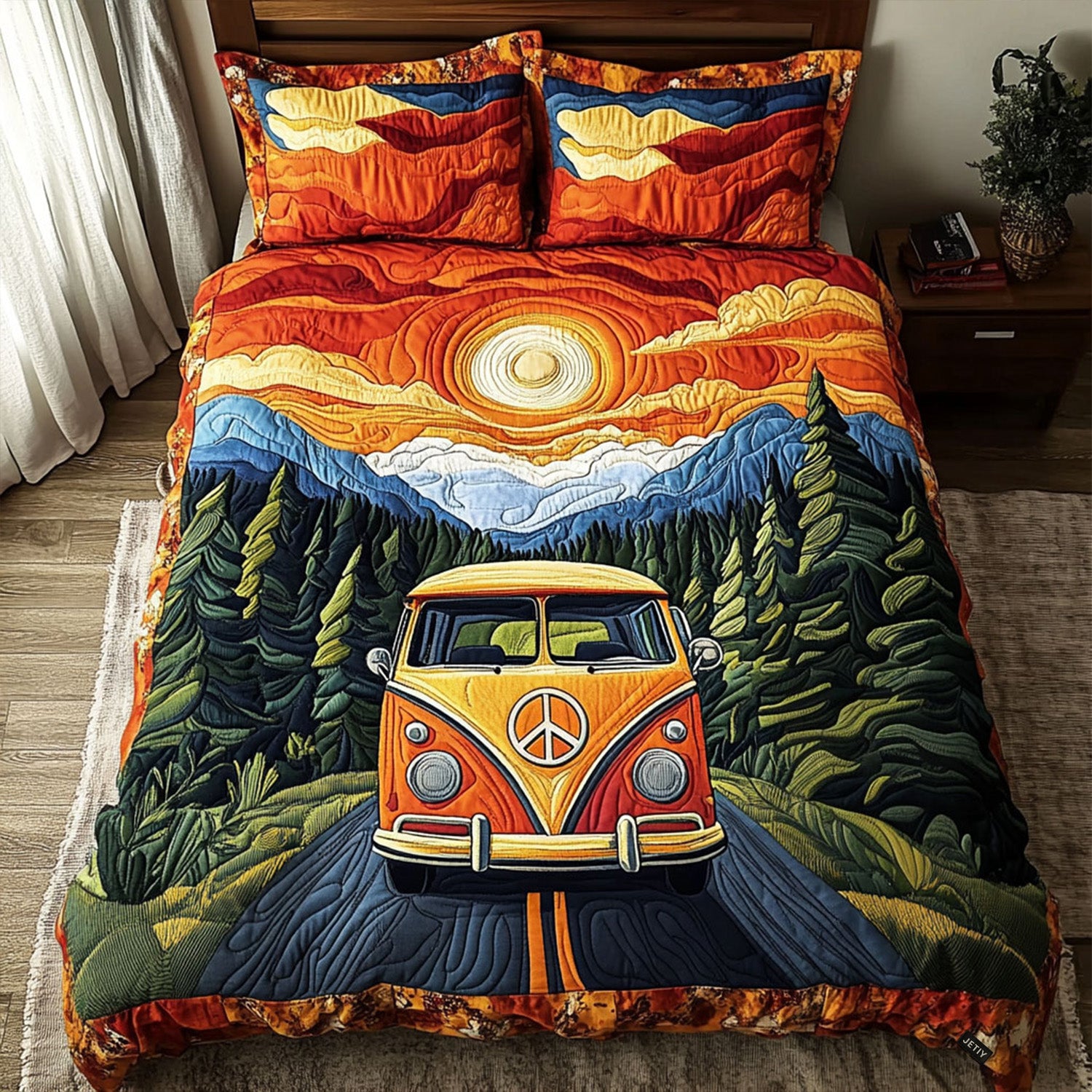Adventure on Wheels Quilted Bedding Set Cute Bed Sheets Gift Ideas For Hippie Mom