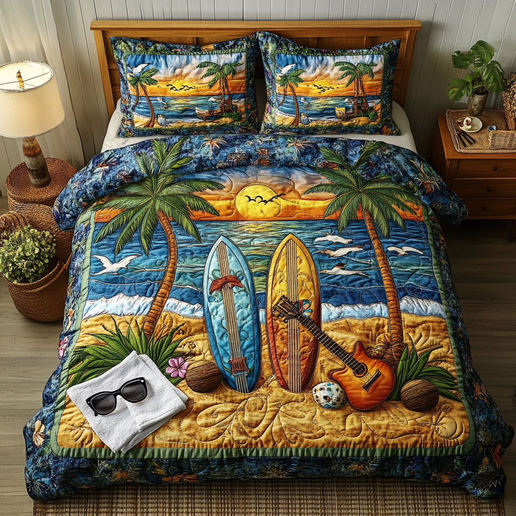 Adventure Surfboard Quilted Bedding Set Unique Bed Sheet Set Gifts For Beach Goers