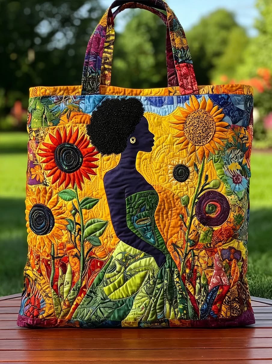 African American Women Quilted Tote Bag Sunflower Black Pride Handbag Black History Month Gifts
