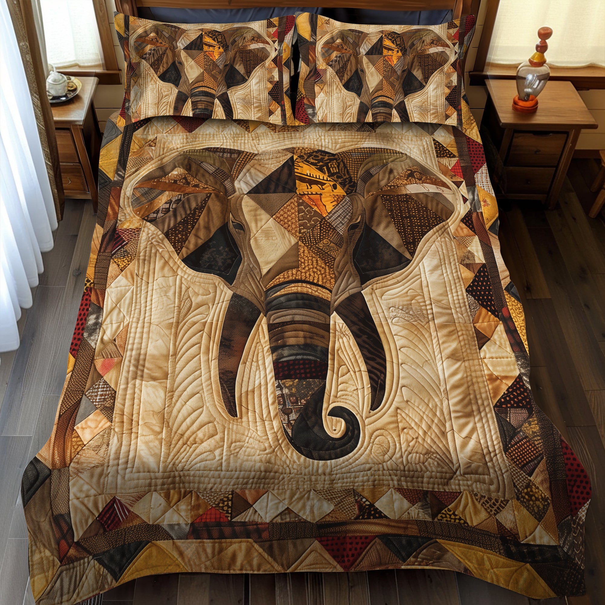 African Elephant Quilted Bedding Set Aesthetic Room Decor Elephant Gifts For Him Her