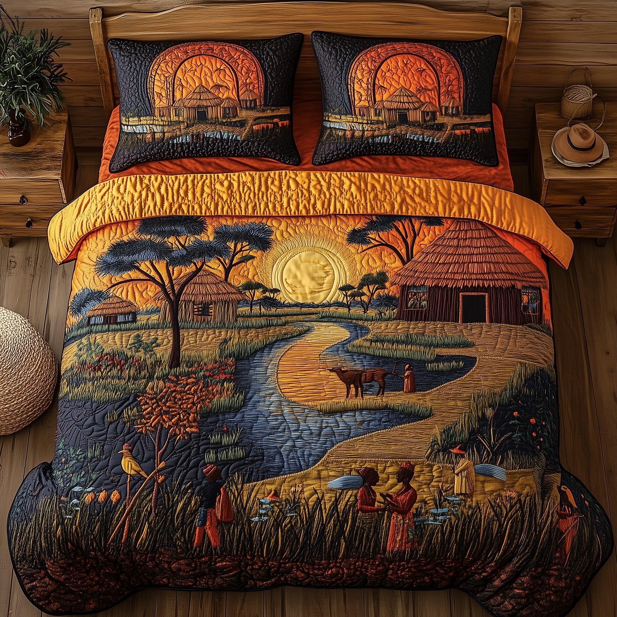African Village Quilted Bedding Set Comforter Sets Queen African American Gifts For Her