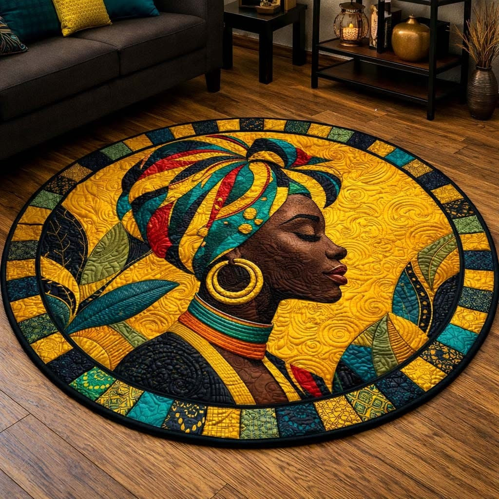 African Women Golden Queen Quilted Round Mat Circle Rug Black History Month Gifts