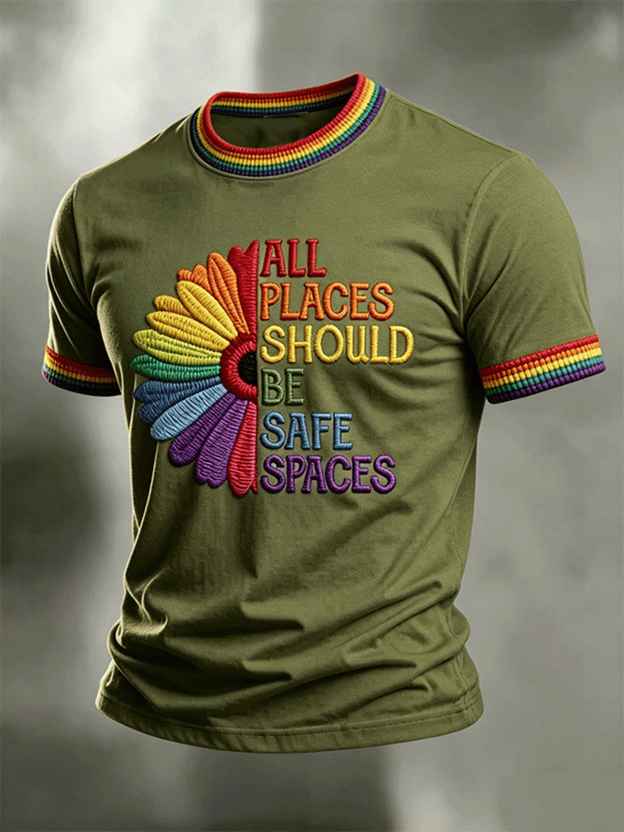 All Places Should Be Safe Space Sun Flower Rainbow T-Shirt Pride Apparel Best Gift For Son - Image 5