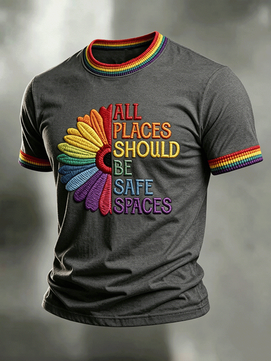 All Places Should Be Safe Space Sun Flower Rainbow T-Shirt Pride Apparel Best Gift For Son - Image 4