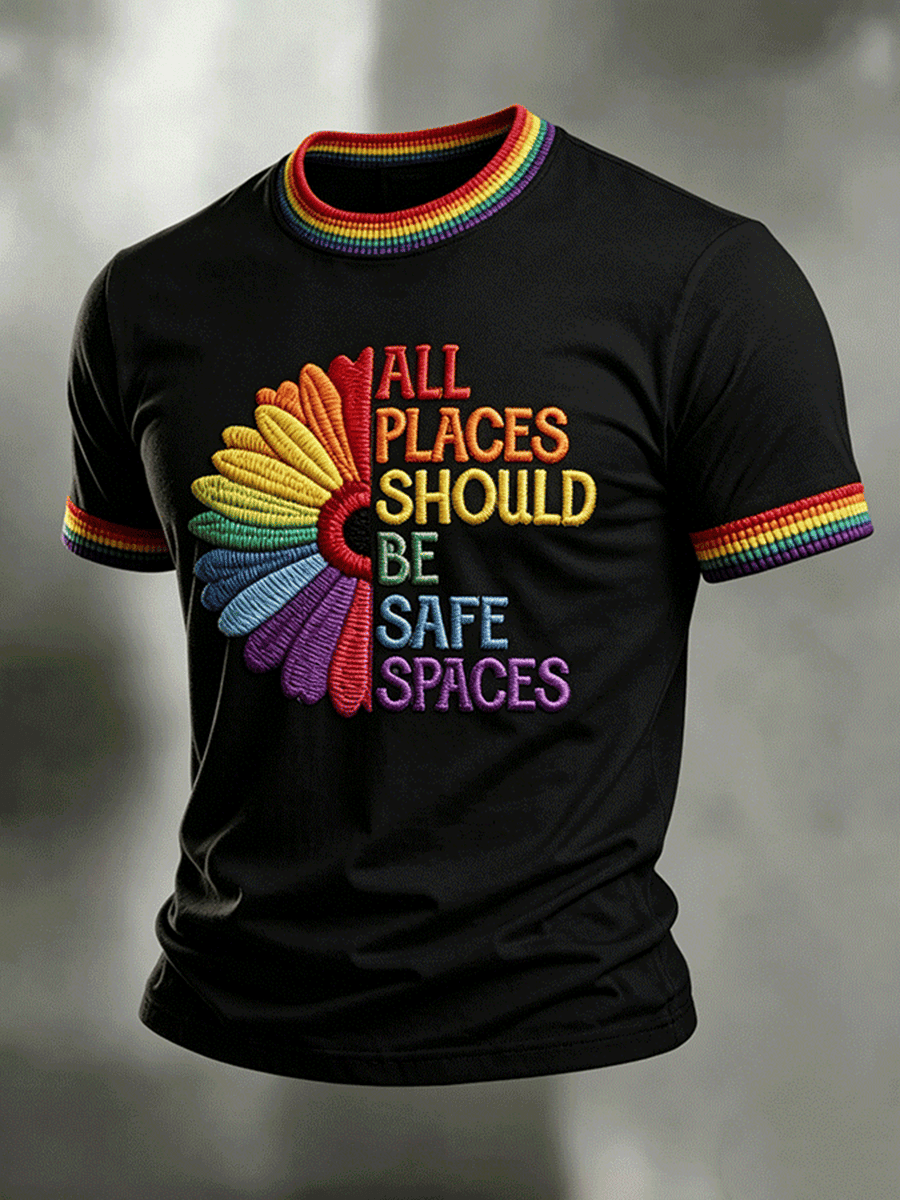 All Places Should Be Safe Space Sun Flower Rainbow T-Shirt Pride Apparel Best Gift For Son - Image 2