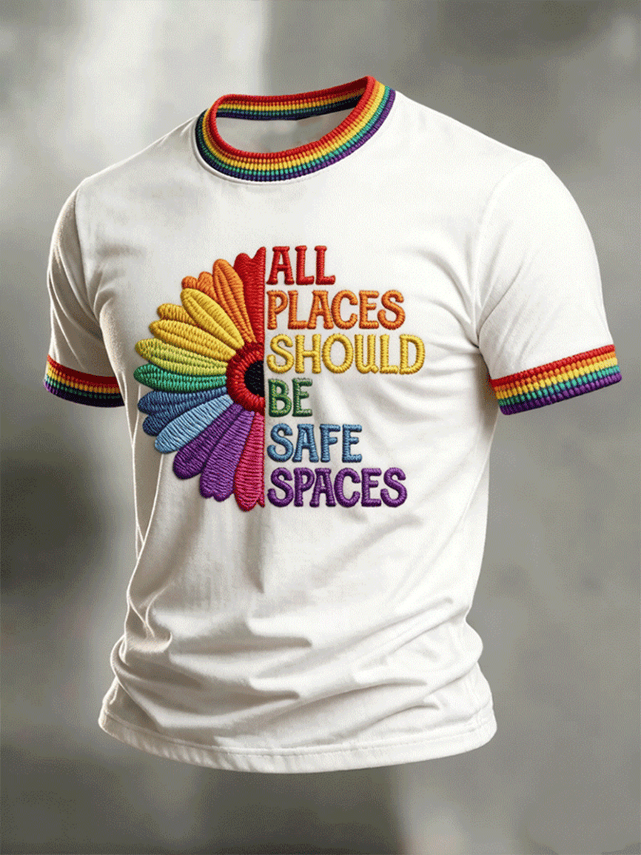 All Places Should Be Safe Space Sun Flower Rainbow T-Shirt Pride Apparel Best Gift For Son - Image 3