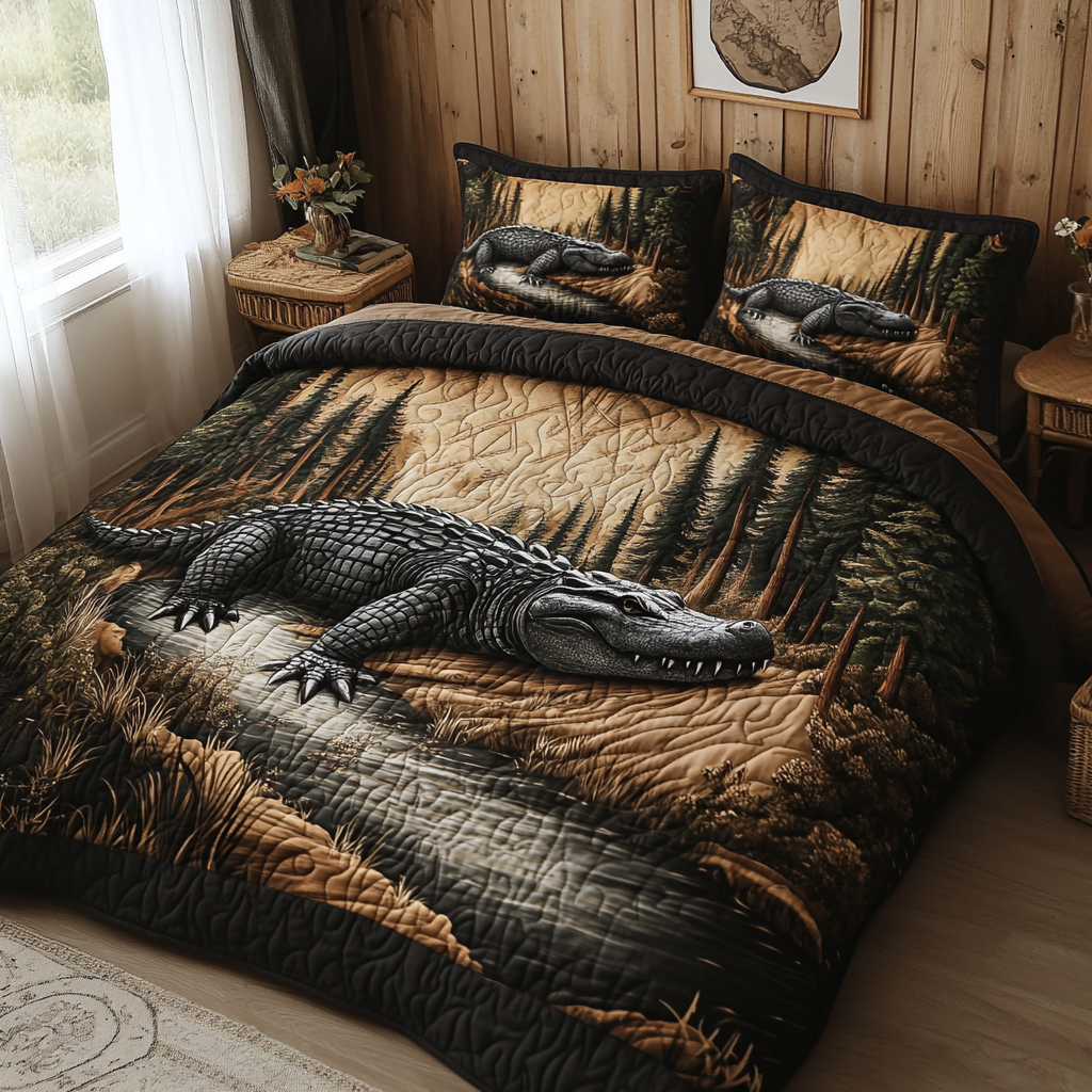Alligator Charm Quilted Bedding Set Bed Room Decoration Hunting Gifts For Husband