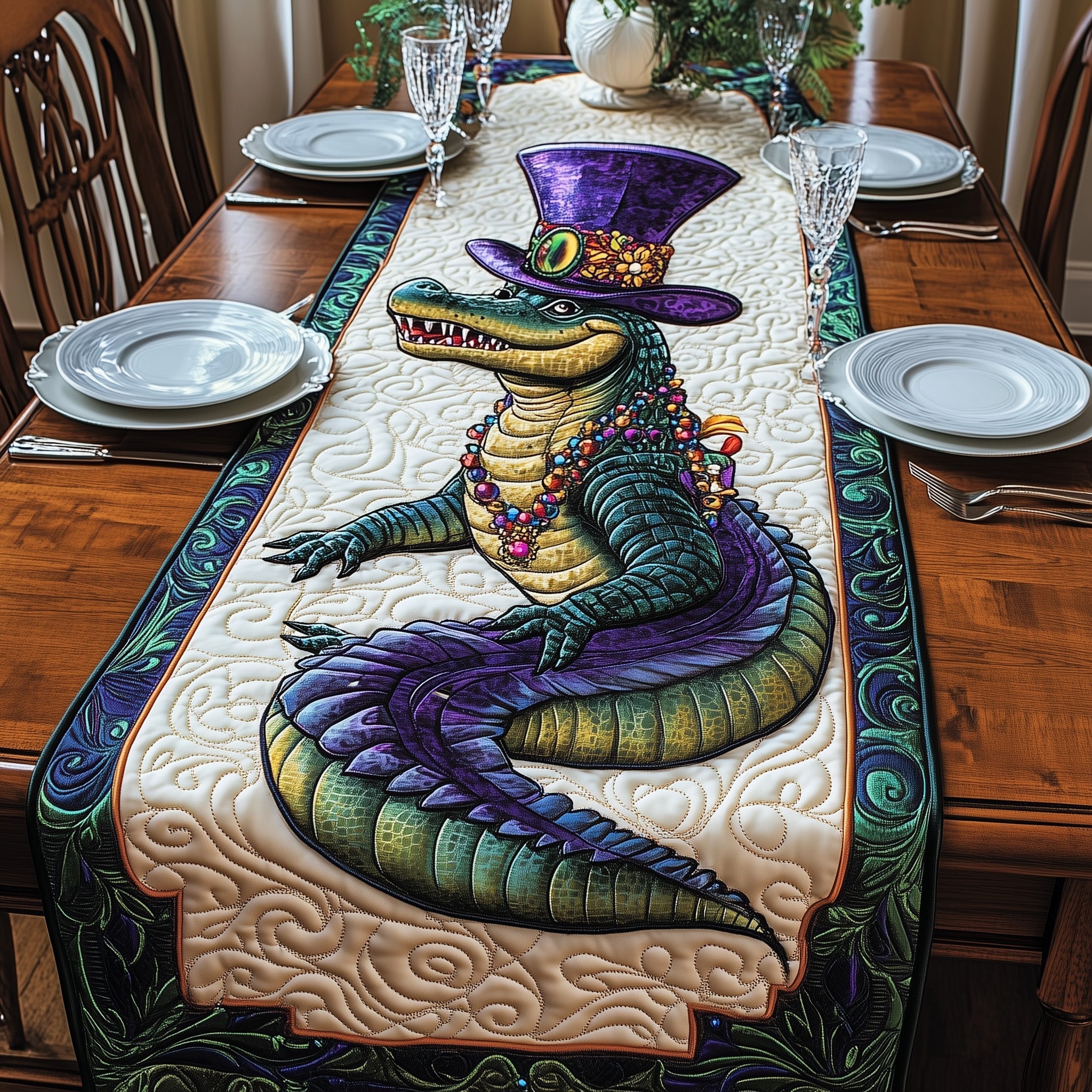 Alligator Mardi Gras Quilted Table Runner Dining Room Table Decor Mardi Gras Gift Shop
