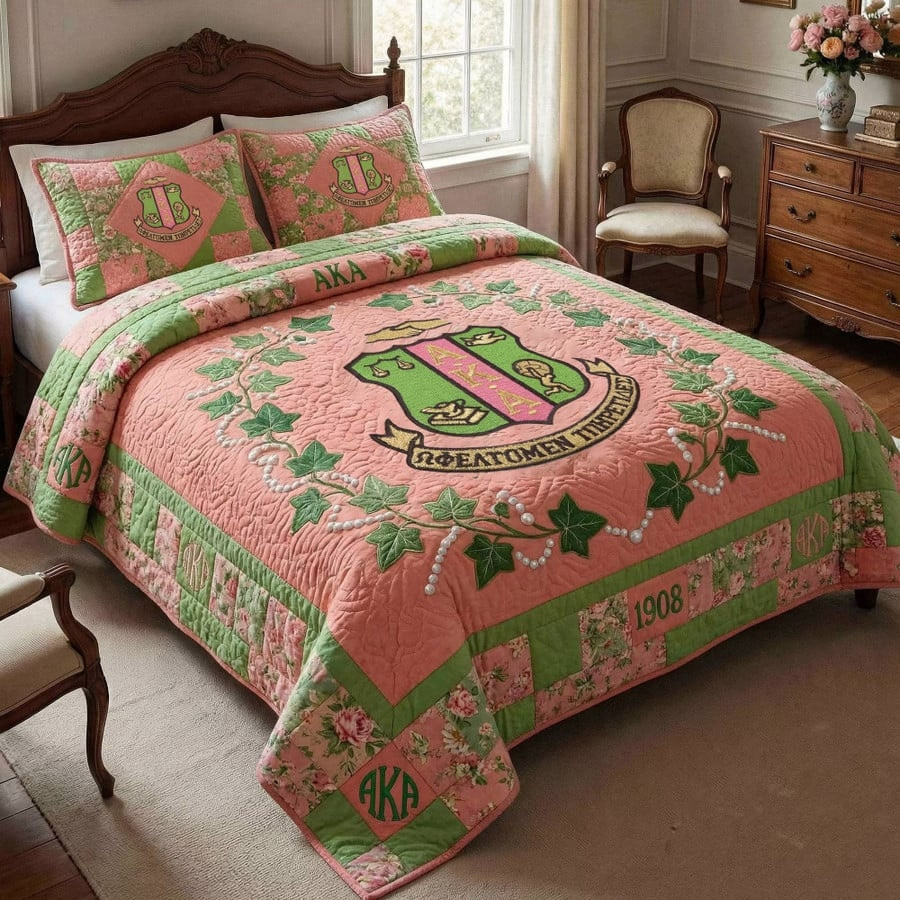 Alpha Kappa Alpha Sorority Quilted Bedding Set Bedroom Decor African American Gifts
