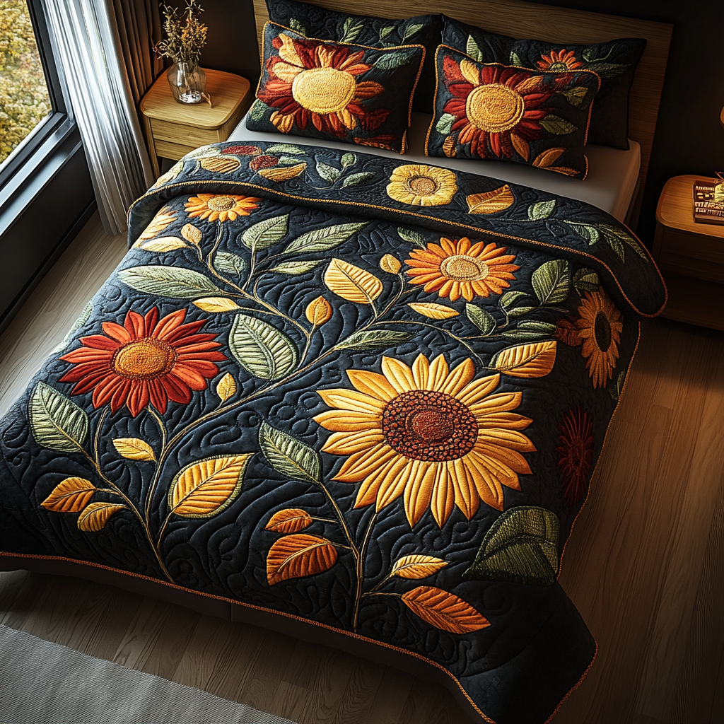 Amber Glow Quilted Bedding Set Bedspread Set Sunflower Gift Items