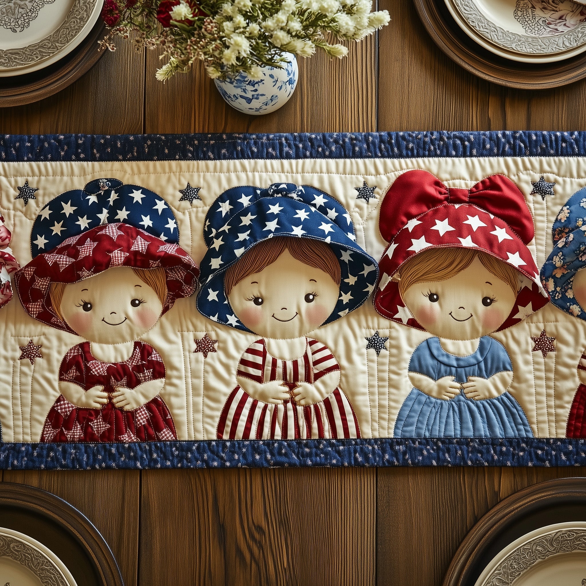 American Charm Sunbonnet Quilted Table Runner Elegant Patriotic Centerpieces Patriotic Mothers Day Gifts