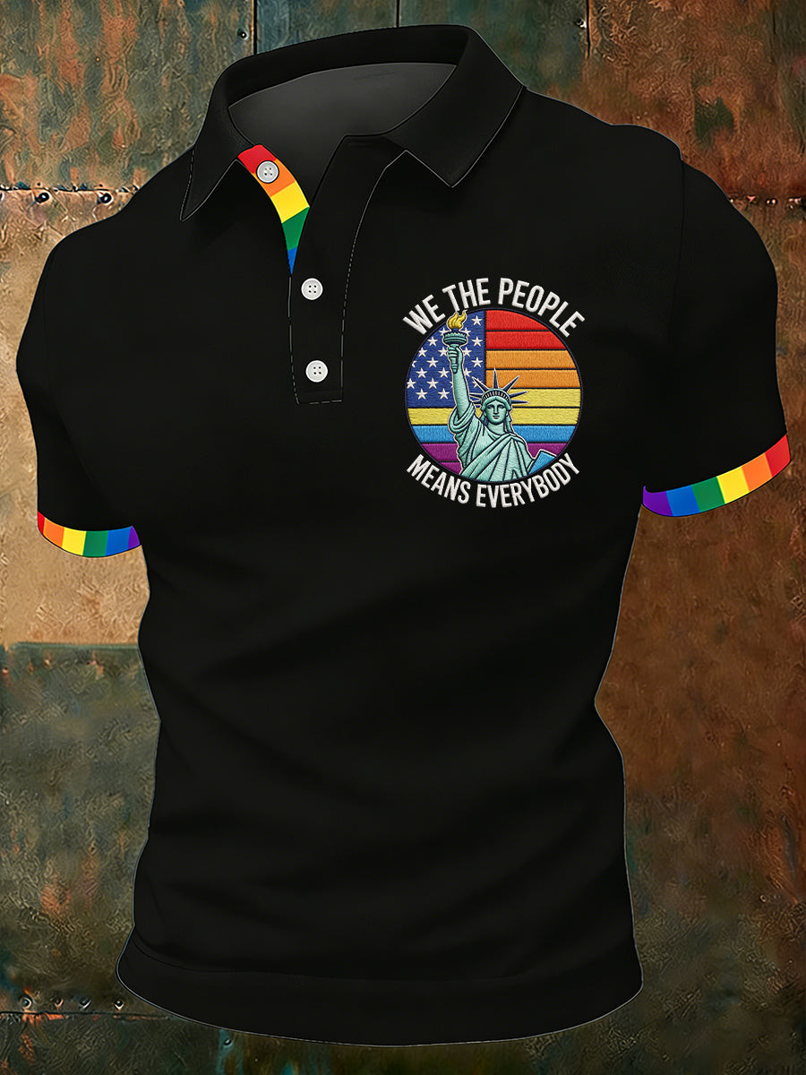American Flag Statue Of Liberty Rainbow Polo Shirt Pride Merch Gift For LGBTQ Community - Image 2