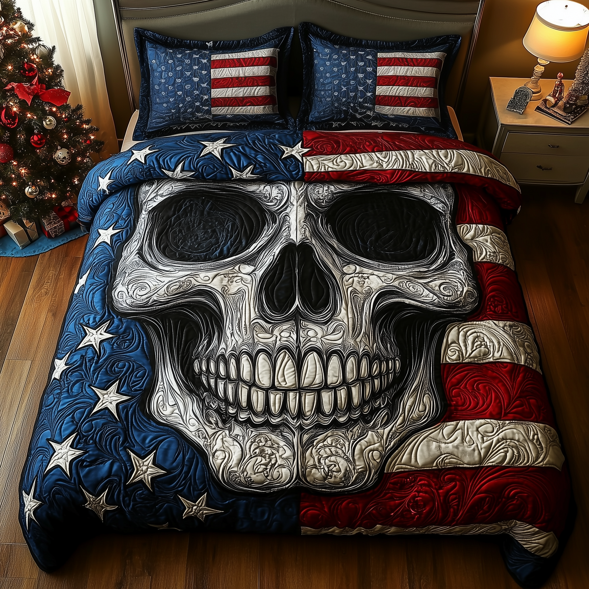 American Pride Skull Quilted Bedding Set Bedding Decor Skull Items For Gifts