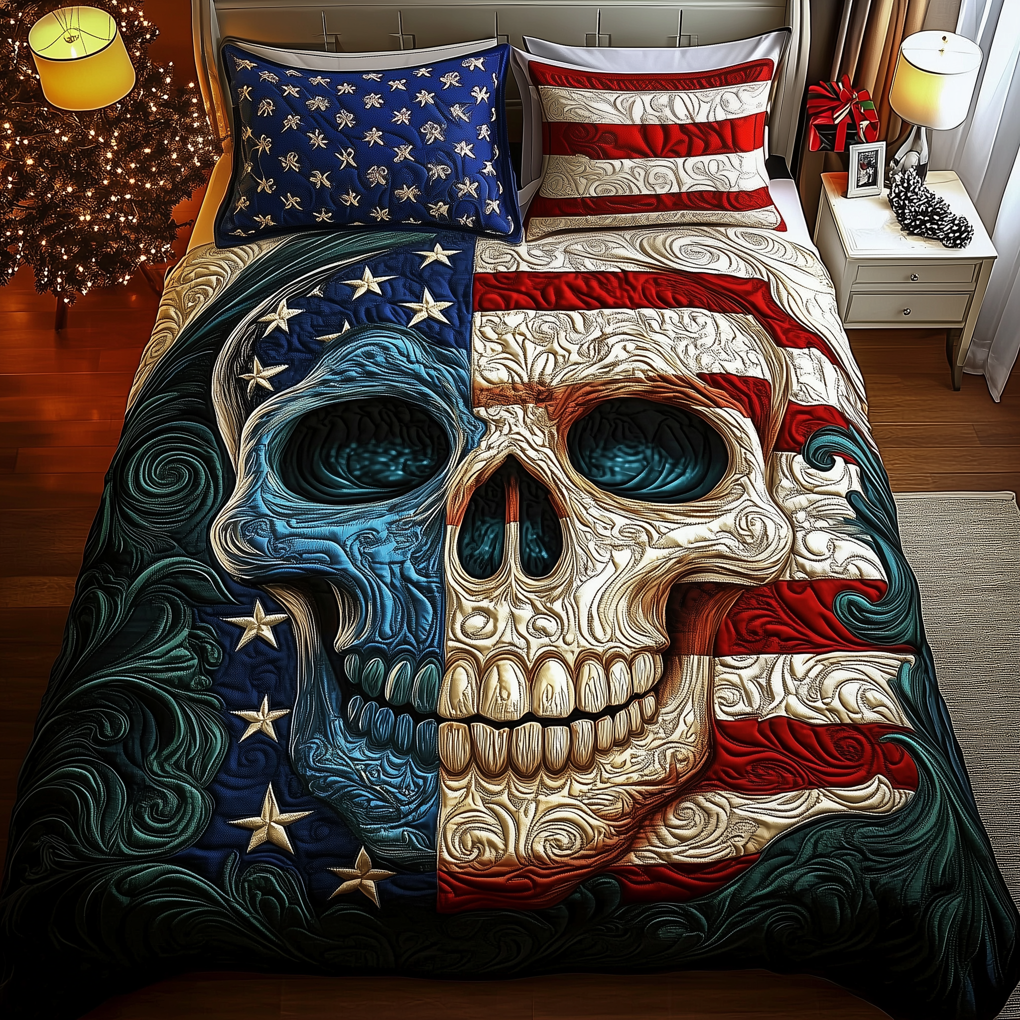 American Pride Skull Quilted Bedding Set Best Bedsheets Unique Skull Gifts For Him