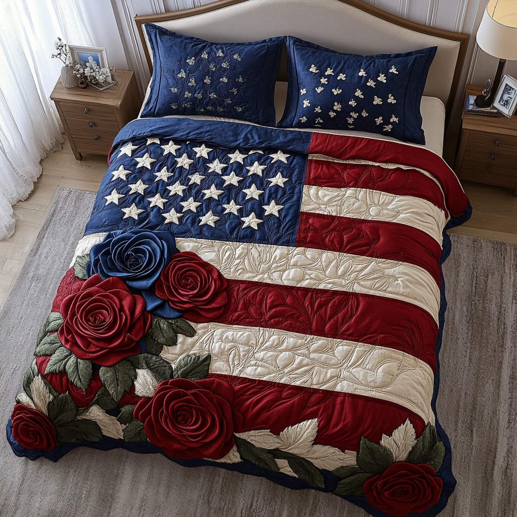 Americana Bloom Quilted Bedding Set Cute Bedroom Decor 4Th Of July Gift Ideas