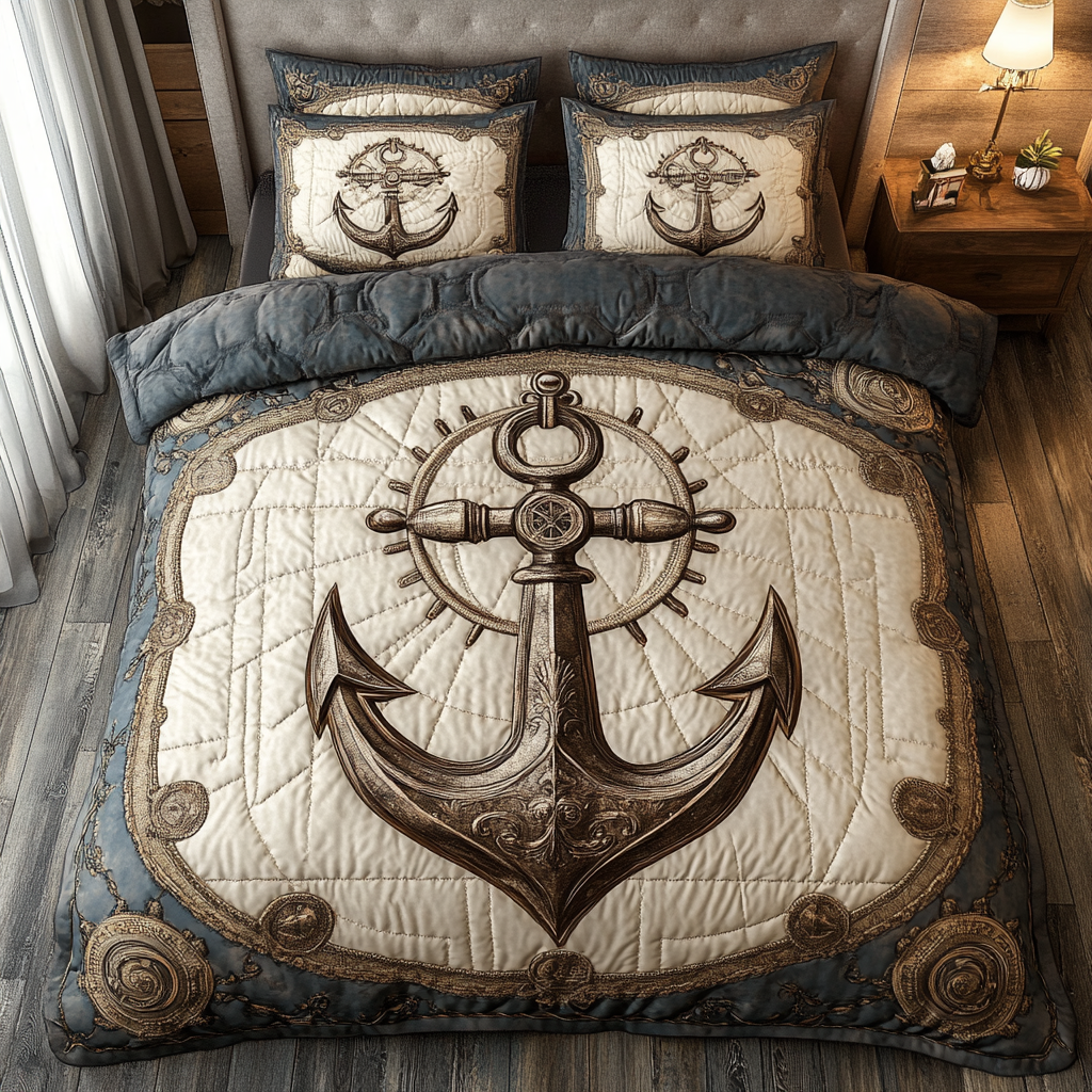 Anchor Bliss Quilted Bedding Set Cute Room Decor Navy Anchor Gifts