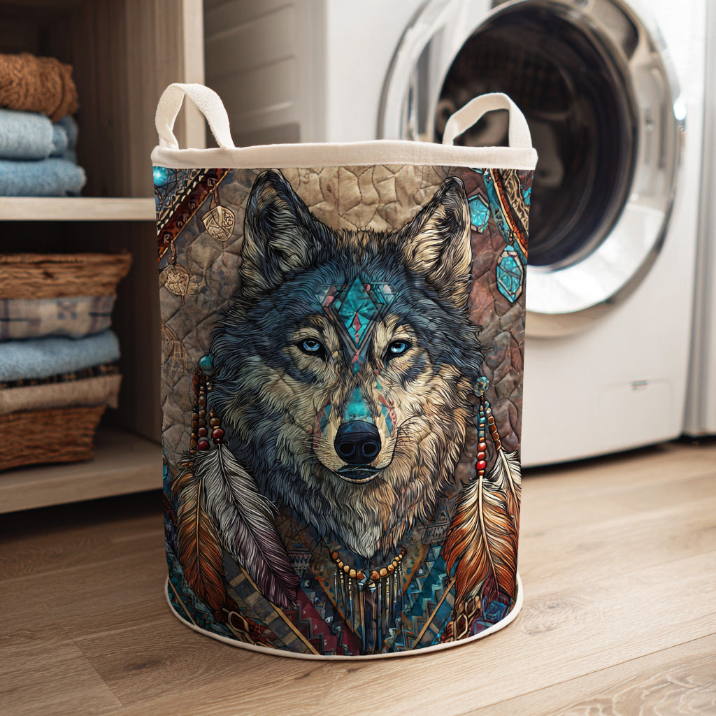 Ancient Trail Wolf Quilted Laundry Basket Laundry Clothes Basket Cool Native American Presents
