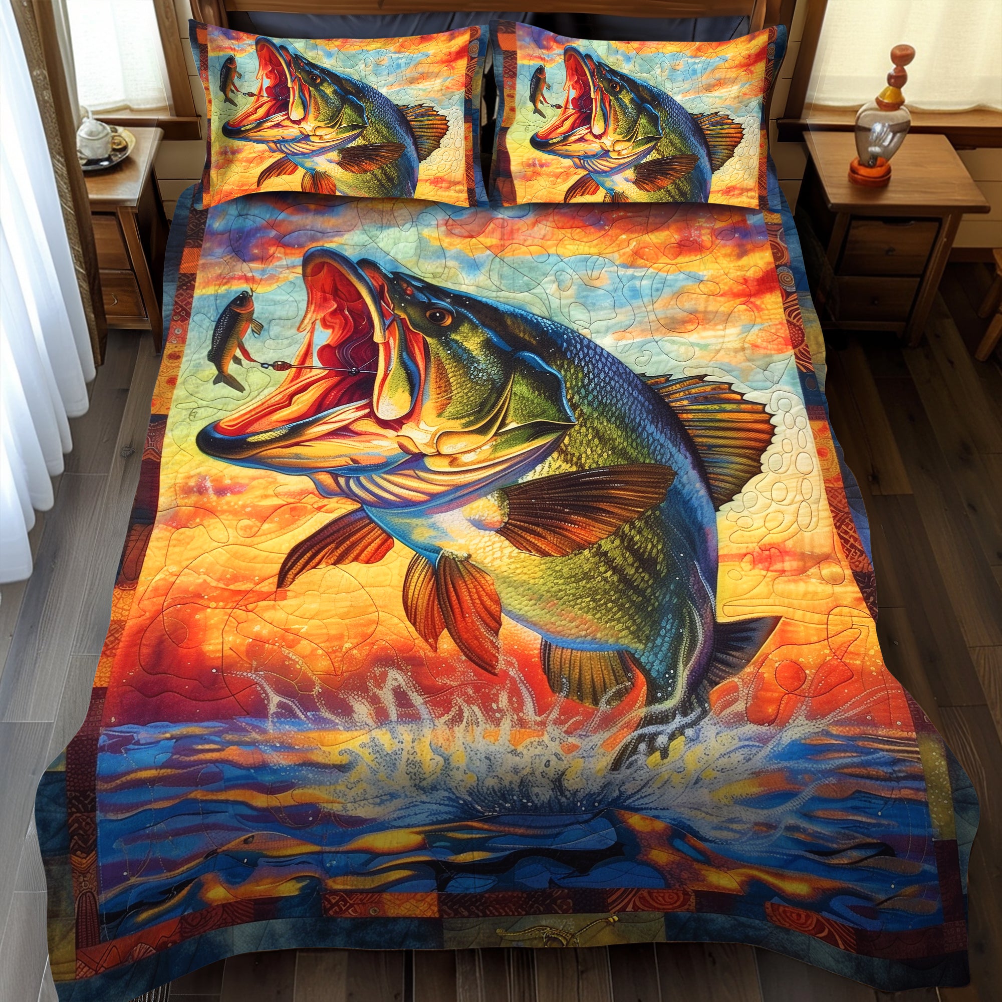 Angler's Dream Quilted Bedding Set Cute Bed Sheet Set Fishing Gift Ideas For Him