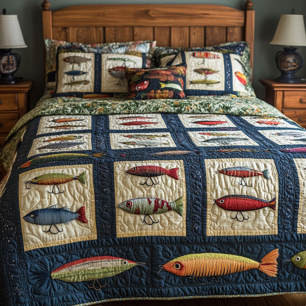 Angling Adventure Quilted Bedding Set Unique Bed Sheet Set Fishing Items For Lovers