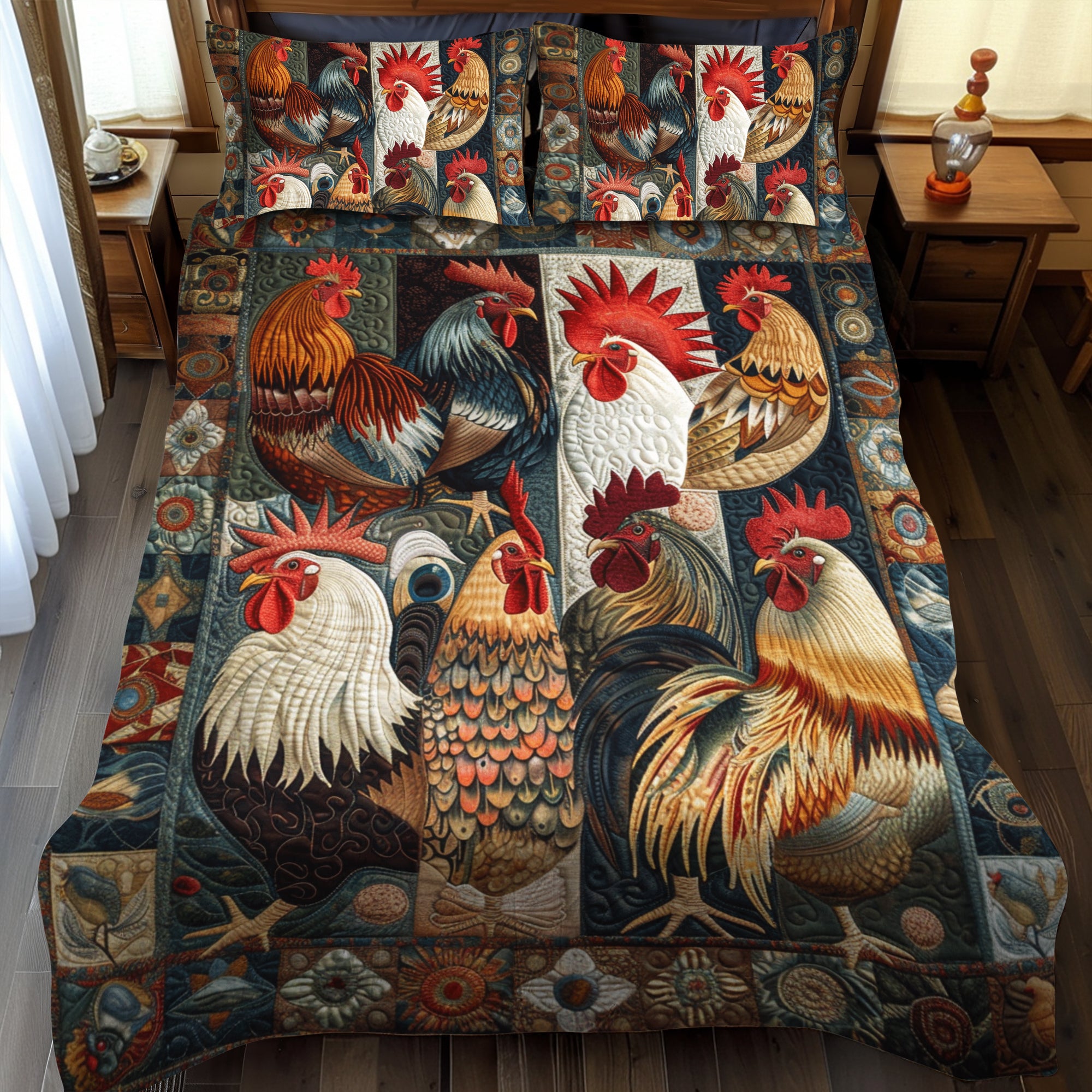 Antique Rooster Quilted Bedding Set Best Bedsheets Gifts For Chicken Farmers
