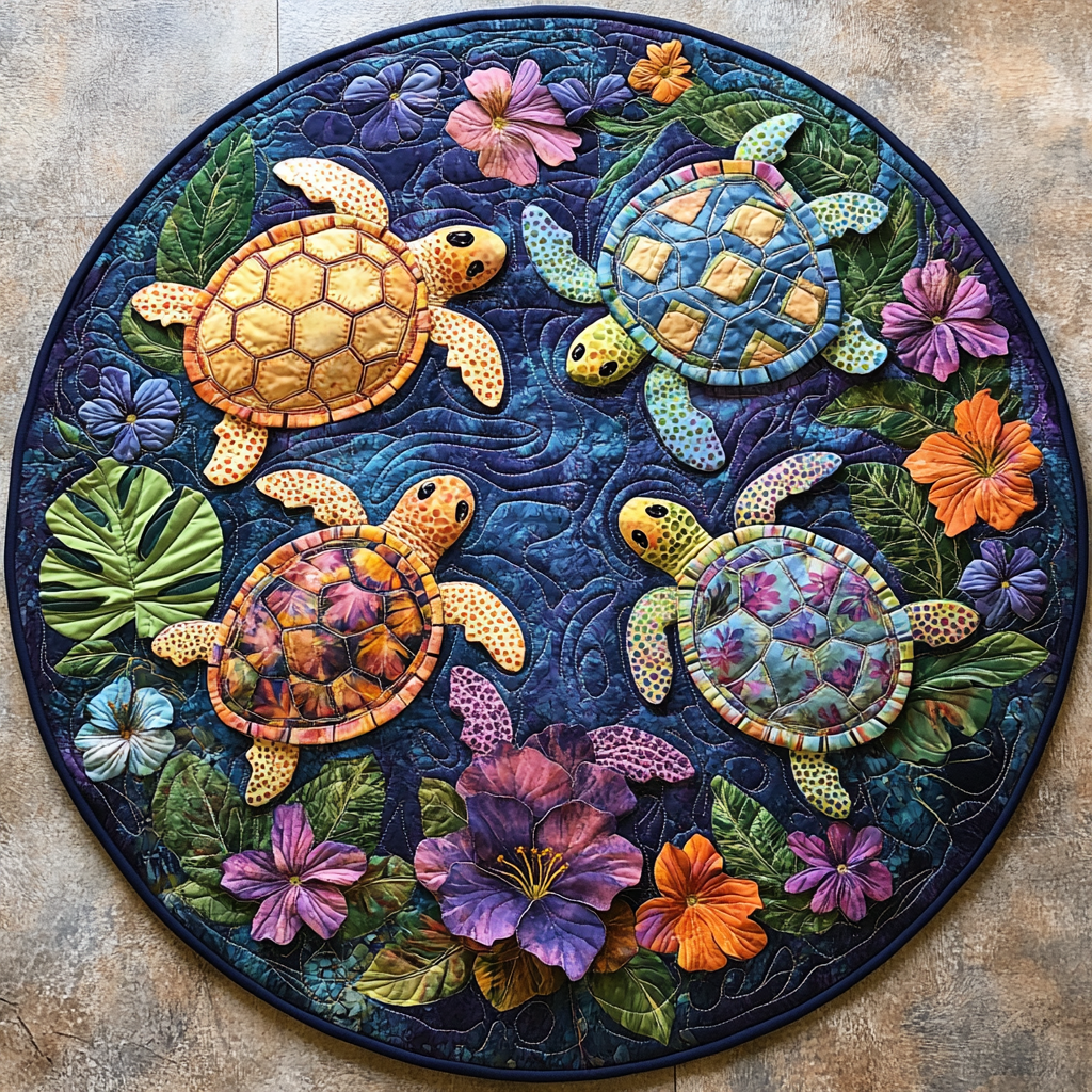 Aqua Bloom Oasis Quilted Round Mat Large Round Area Rugs Best Gifts For Turtle Lovers