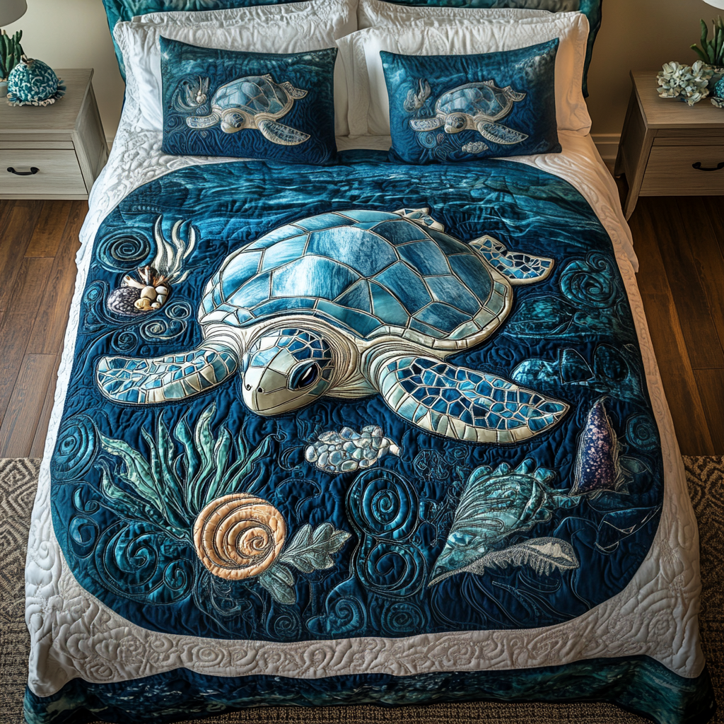 Aqua Drift Quilted Bedding Set Bed Decorations Turtle Gift Idea