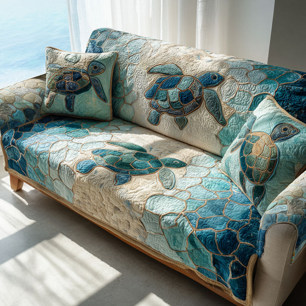 Aqua Mosaic Turtles Quilted Sofa Cover Couch Seat Covers Unique Sea Turtle Gifts