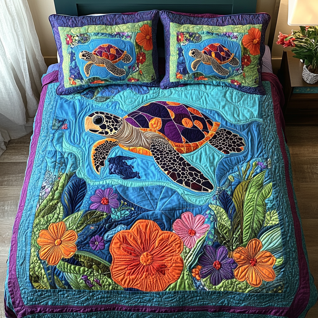 Aquatic Harmony Quilted Bedding Set Bed Room Decoration Turtle Gifts For Mom