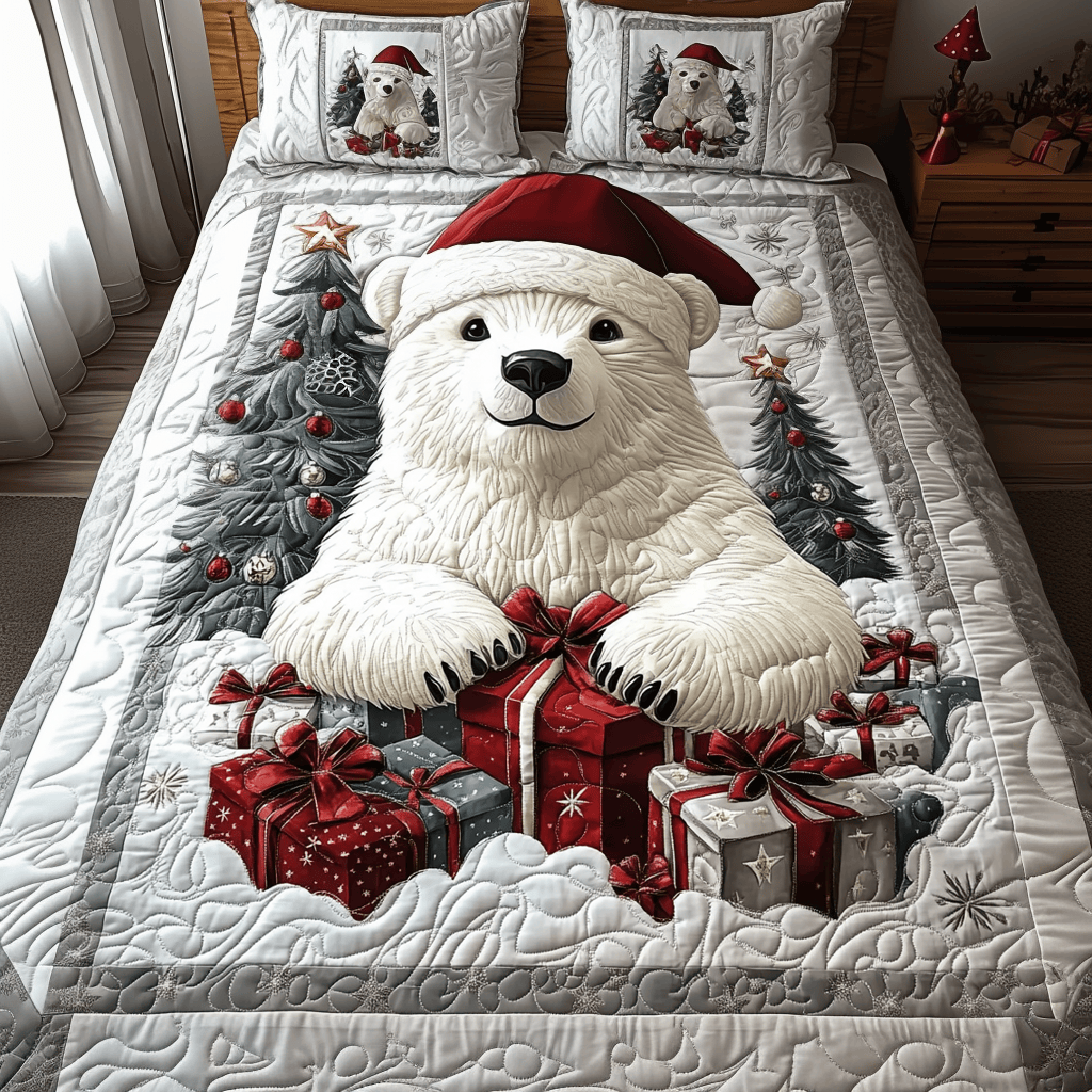 Arctic Cheer Quilted Bedding Set Xmas Holiday Duvet Cover Set Bear Gifts For Her