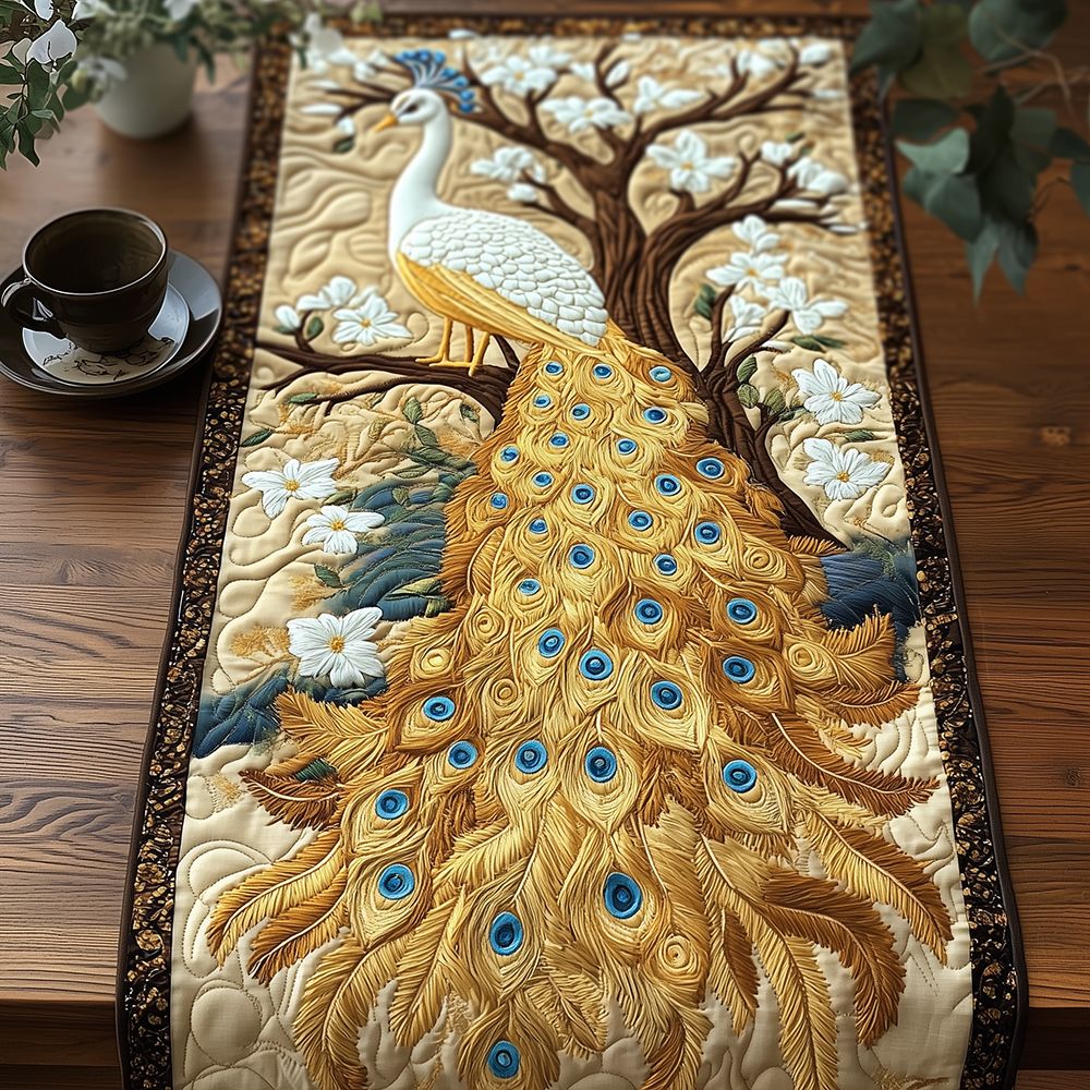 Aristocratic Charm Quilted Table Runner Boho Macrame Table Runner Unique Peacock Themed Gifts