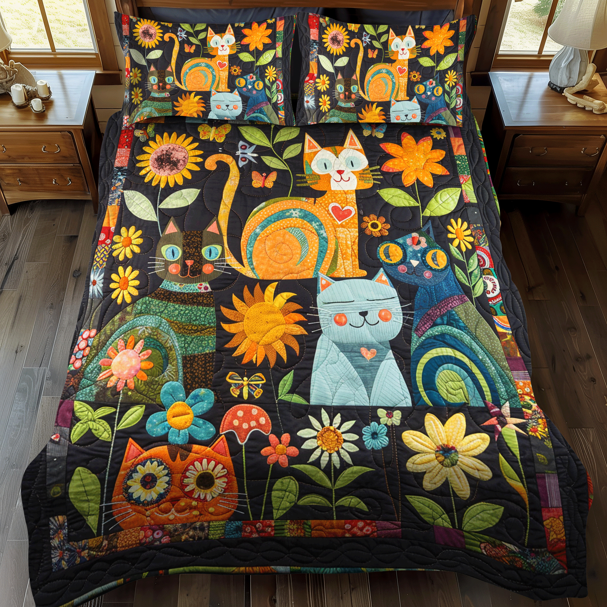 Artistic Cat-Themed Quilted Bedding Set Best Comforter Sets Cat Themed Accessories Gift Items