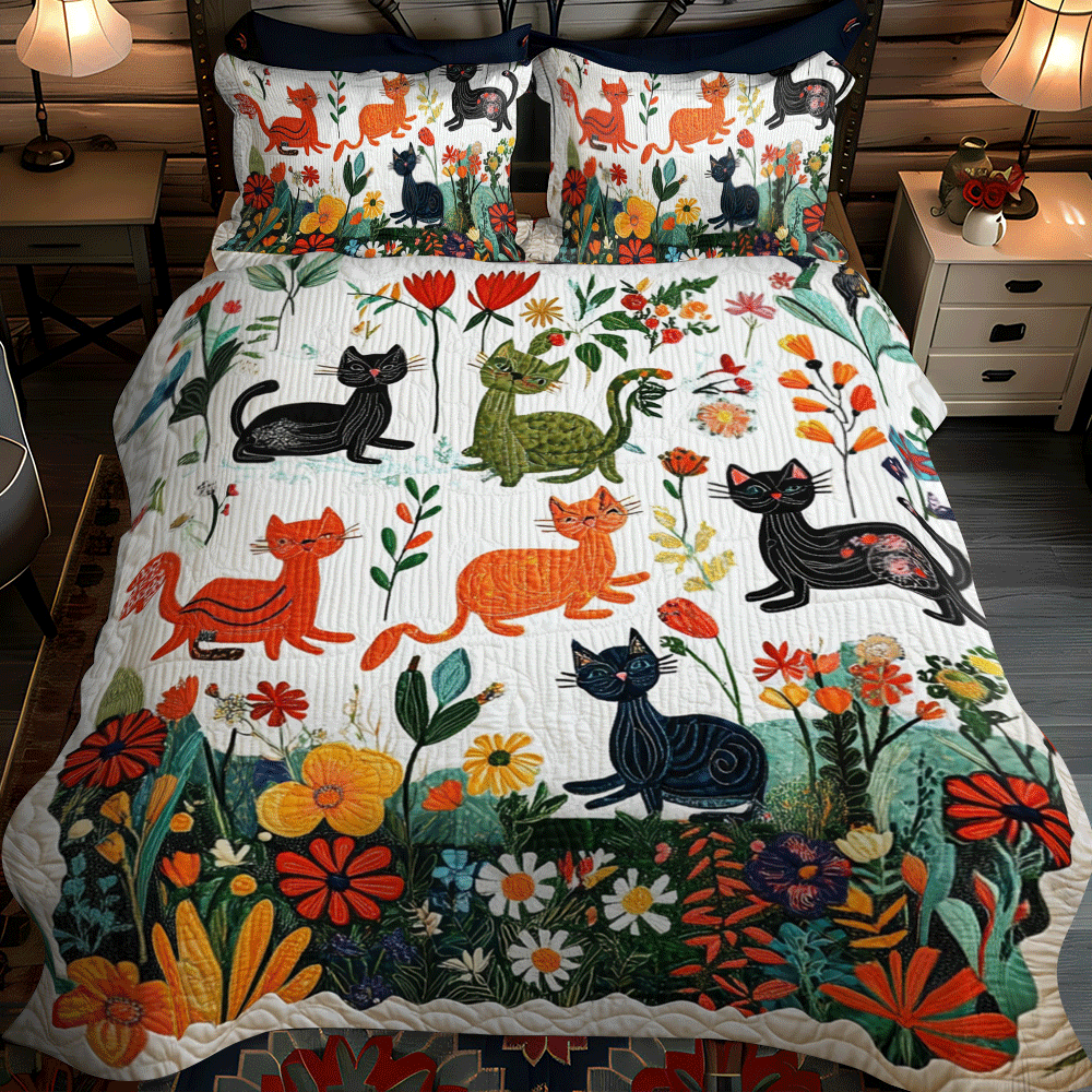 Artistic Cat-Themed Quilted Bedding Set Cute Bedroom Decor Cat Lover Gifts Near Me