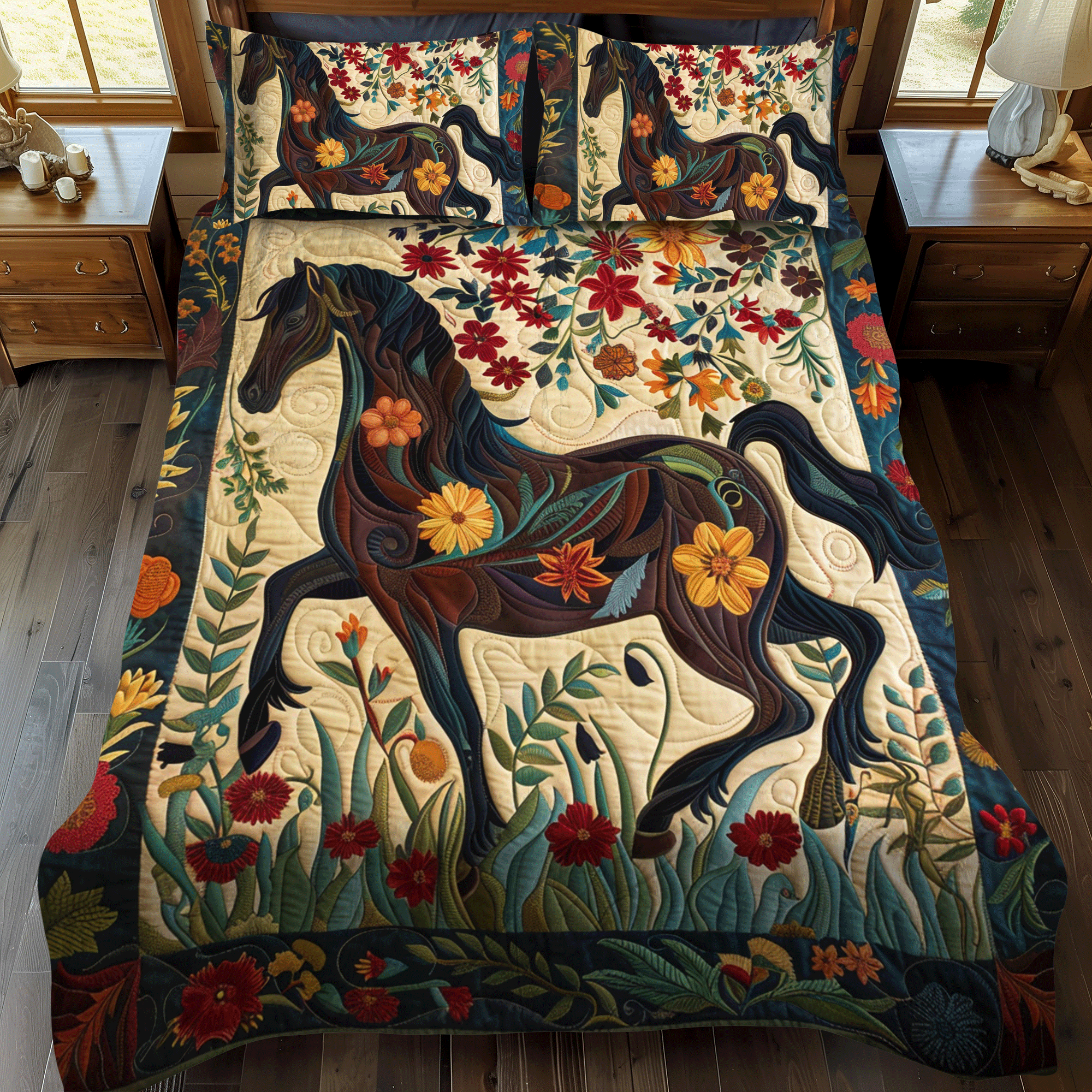 Artistic Horse-Themed Quilted Bedding Set Cute Bed Sets For Teens Gifts For Horse Trainers