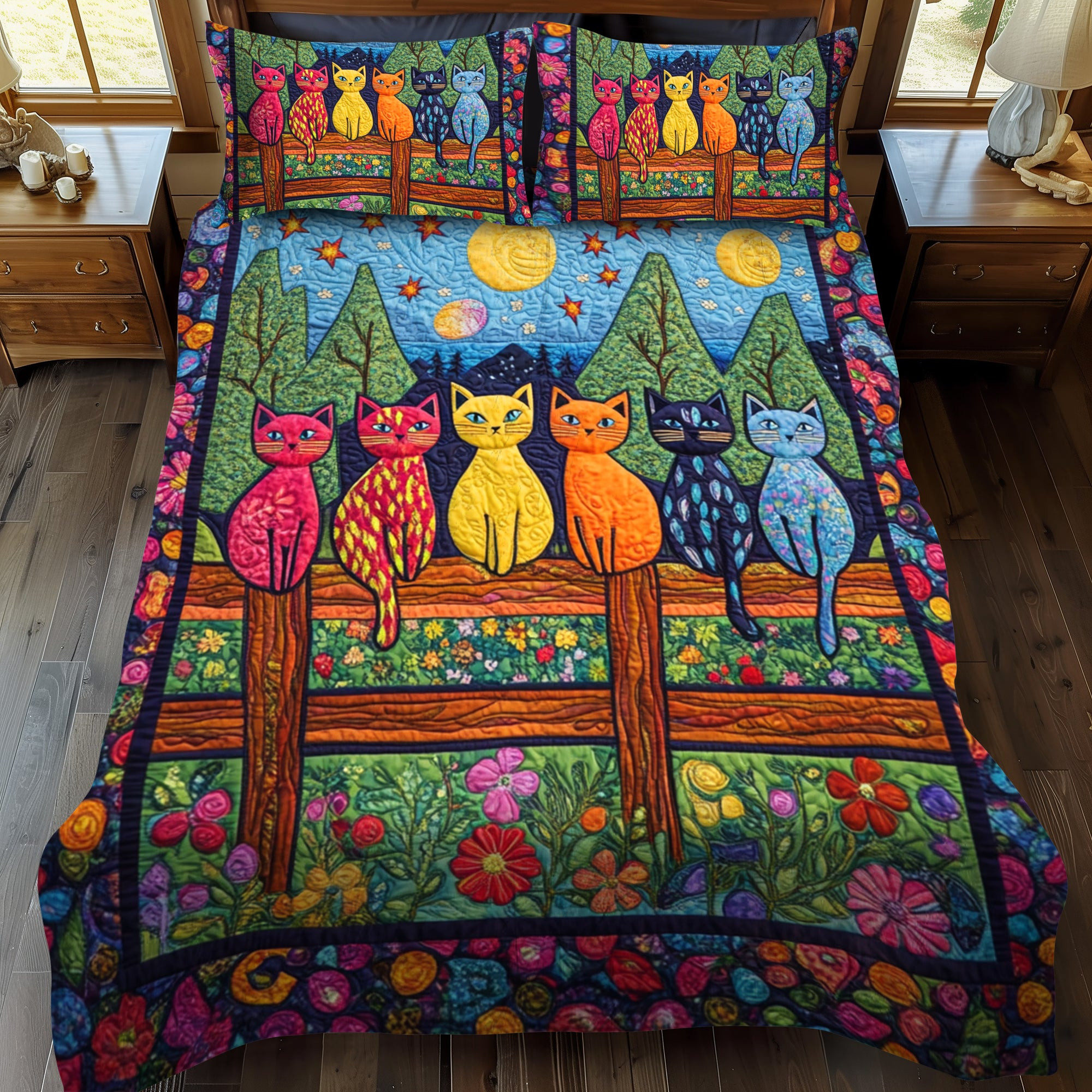 Artistic Night Cat-Themed Quilted Bedding Set Best Bedspread Set Birthday Gifts For Cat Lovers