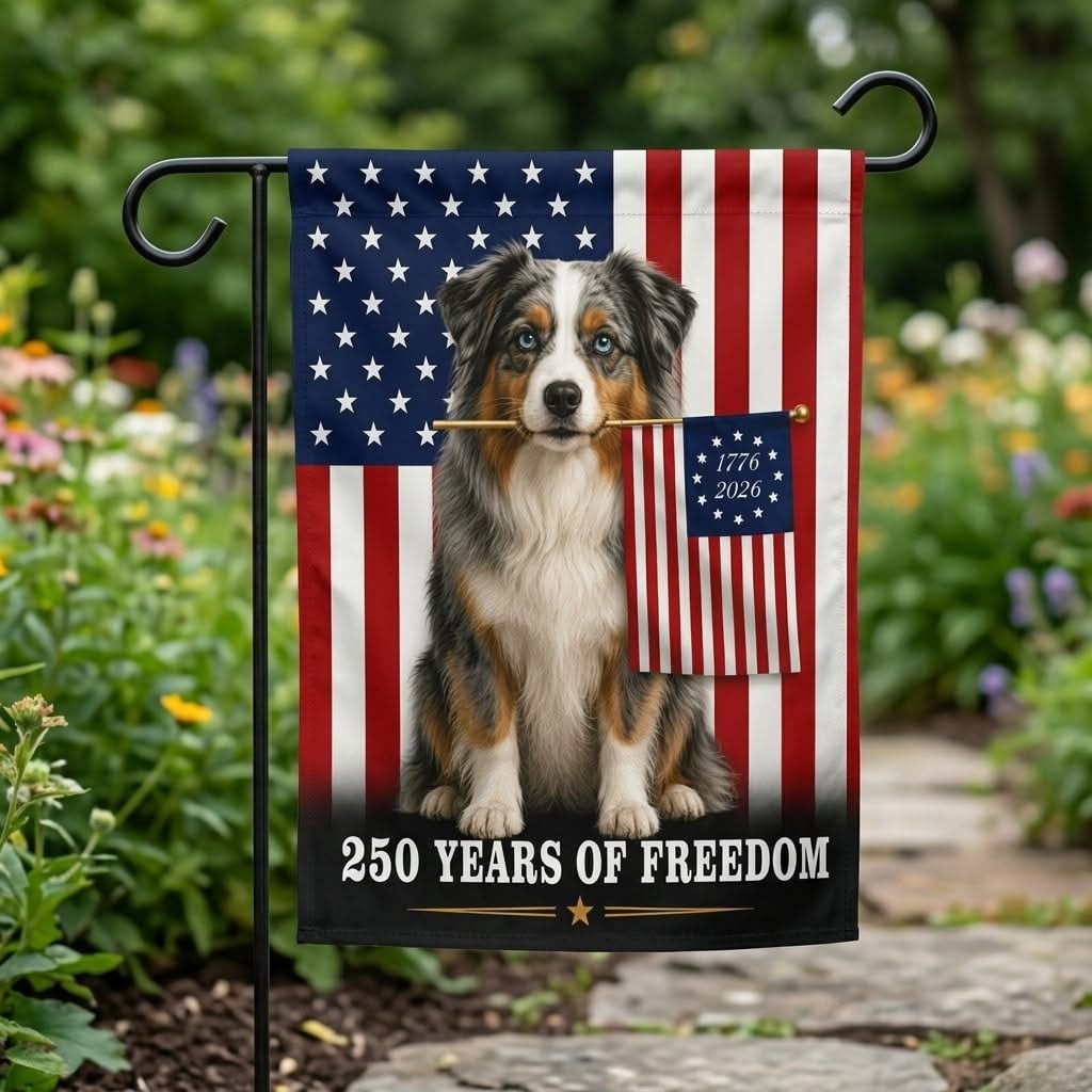 Australian Shepherd American Flag Flag Patriotic 250 Years Freedom Merch Gift For Dog Lovers