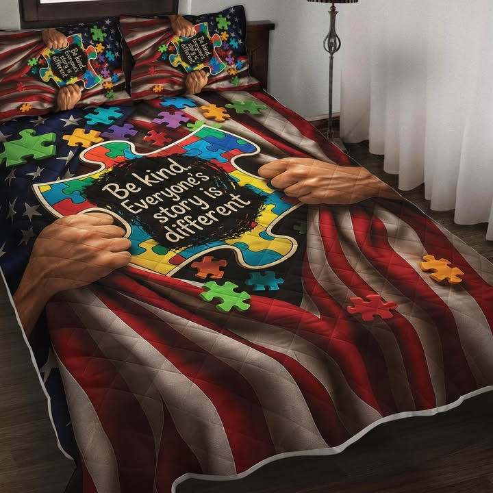 Autism Awareness Be Kind Quilted Bedding Set American Flag Duvet Cover Merchandise Gifts