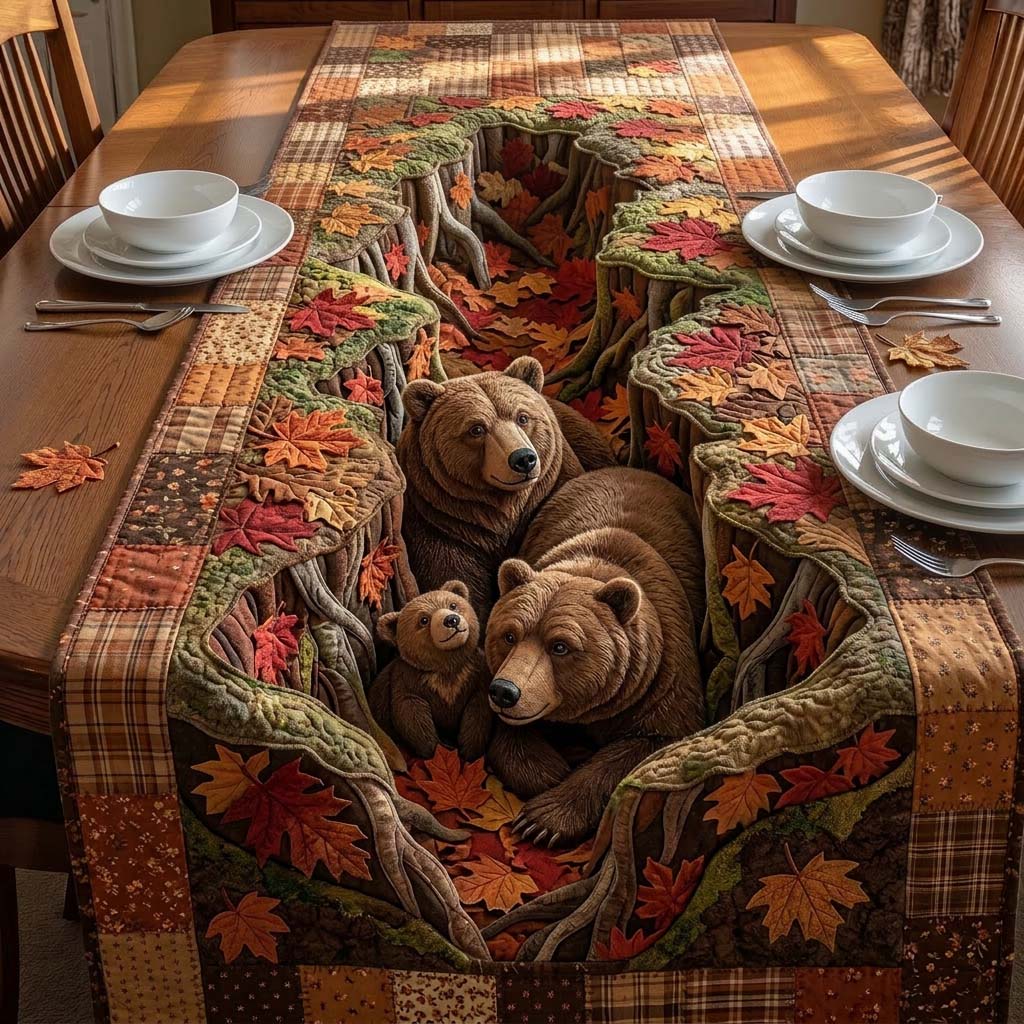 Autumn Bear Haven Quilted Table Runner Boho Macrame Table Runner Bear Gifts For Him Her