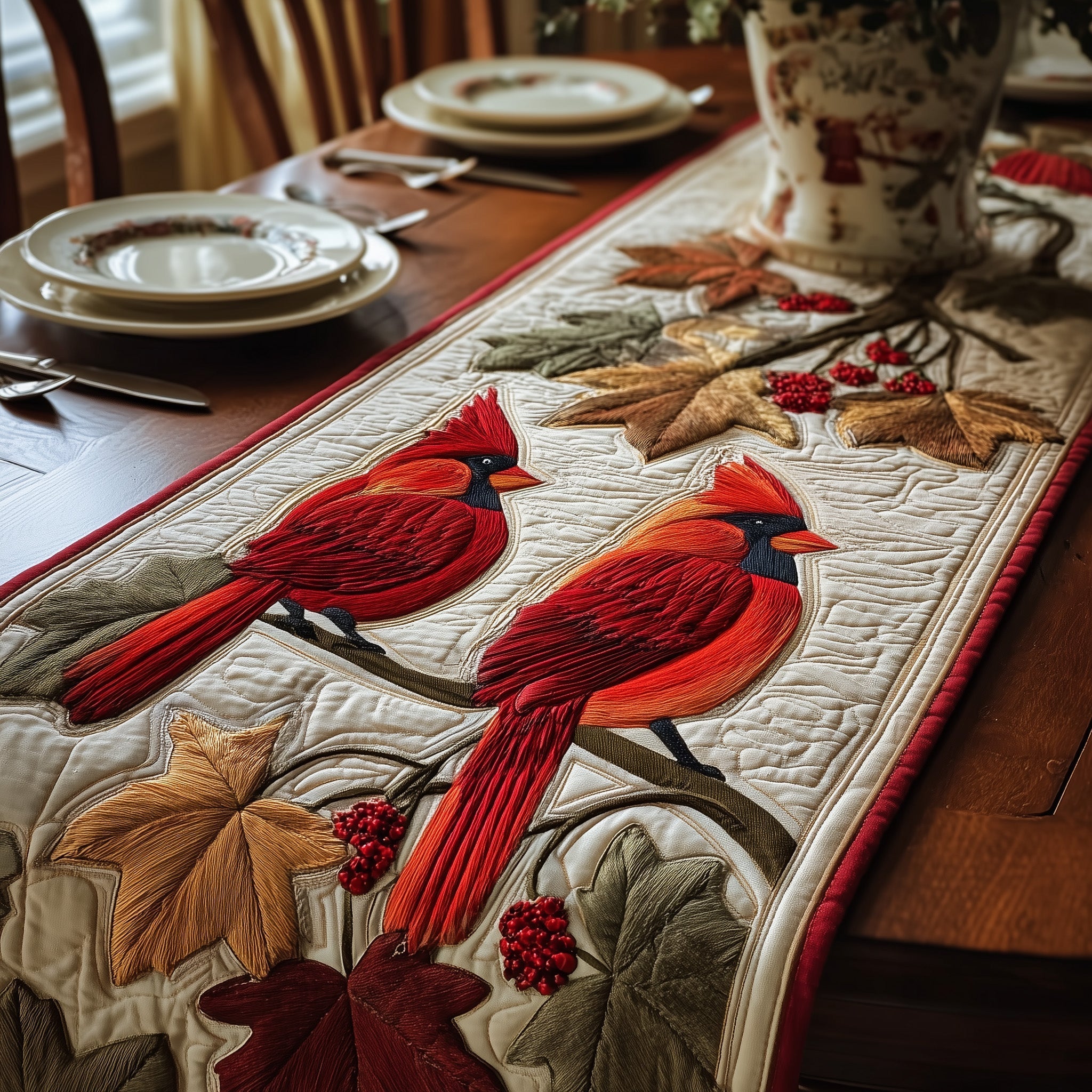 Autumn Cardinals Quilted Table Runner Dining Decor Red Cardinal Gifts Ideas