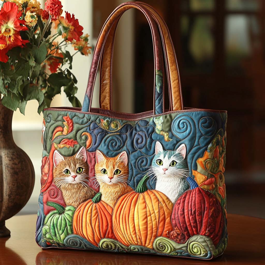 Autumn Cat Charm Quilted Tote Bag Best Shoulder Bags For Everyday Birthday Gifts For Cat Lovers