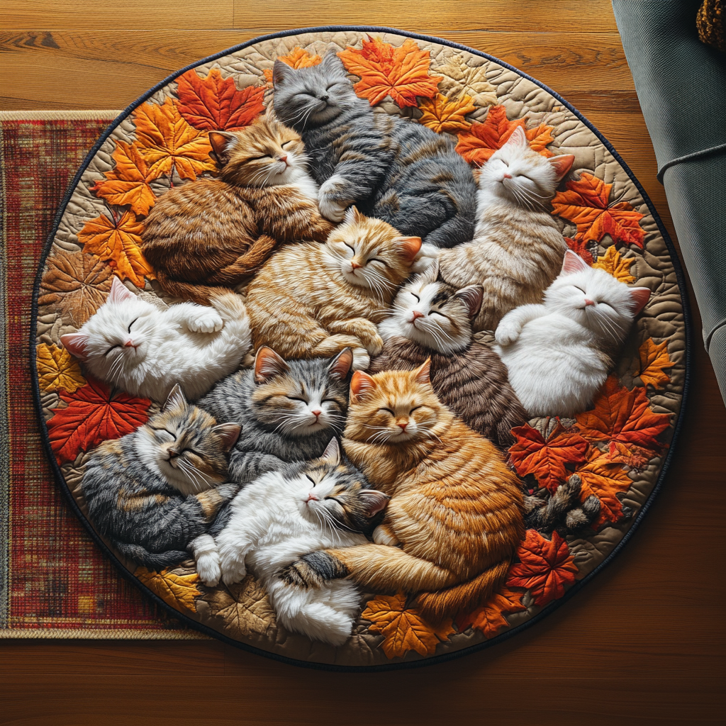 Autumn Cat Cuddling Quilted Round Mat Large Round Mat Cat Gifts For Cat Lovers