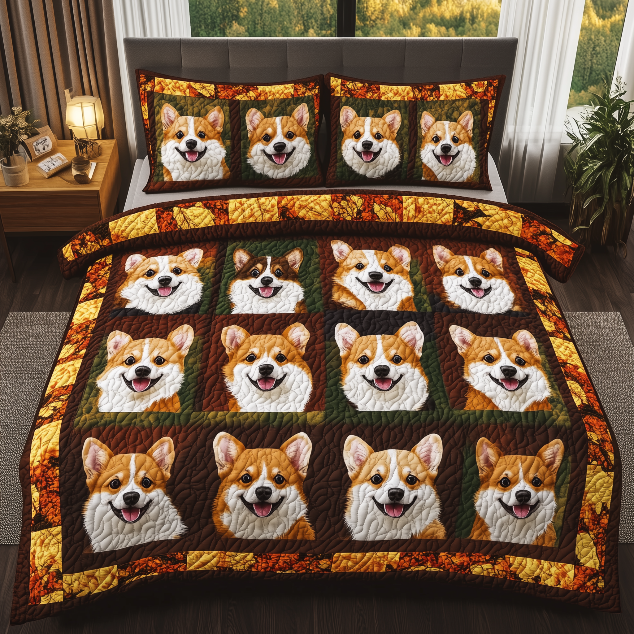 Autumn Corgi Quilted Bedding Set King Comforter Sets Special Gifts For Mom