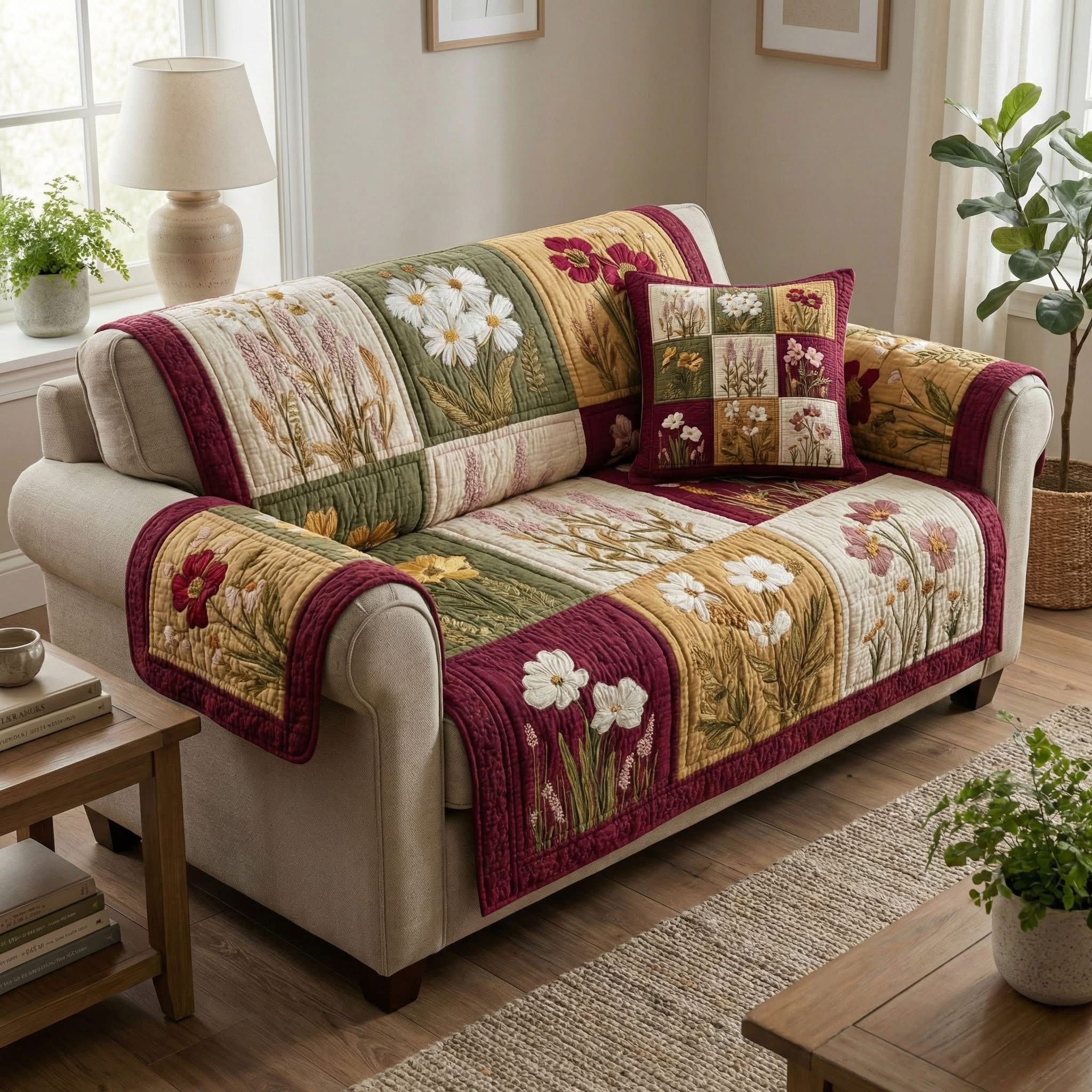 Autumn Field Quilted Sofa Cover Floral Patchwork Couch Cover Home Decor Gifts For Mom